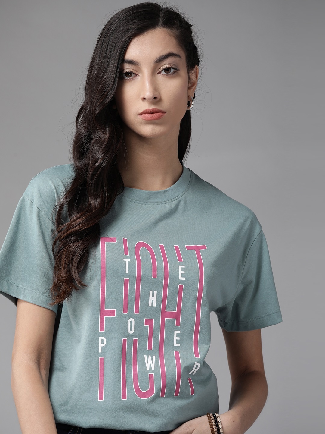 

Roadster Women Blue Printed Boxy Fit Round Neck Pure Cotton T-shirt