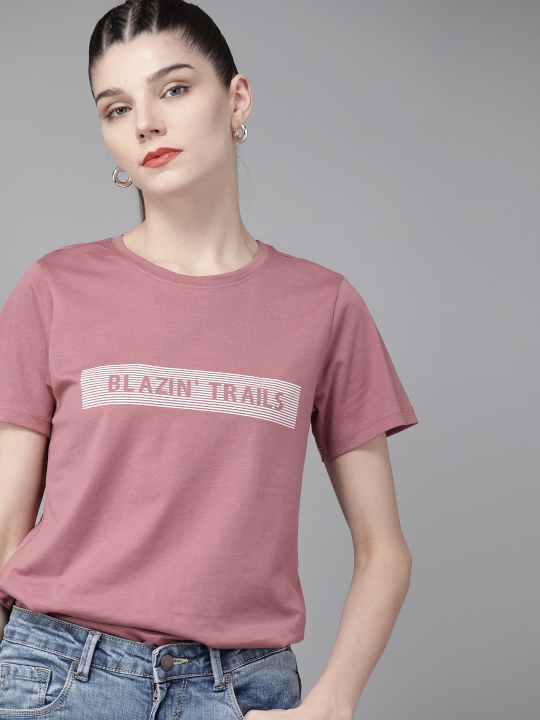 

Roadster Women Dusty Pink Cotton Printed Detail Round Neck T-shirt