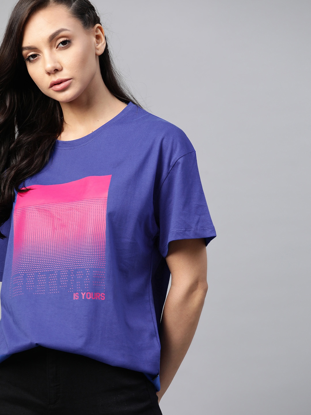 

Roadster Women Blue Pink Printed Round Neck Pure Cotton T-shirt