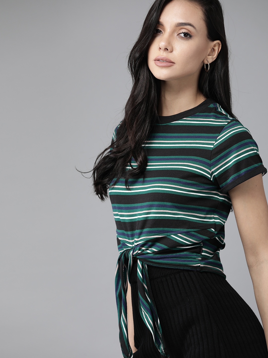 

The Roadster Lifestyle Co Women Green & Black Striped Must Have Relaxed Pure Cotton T-shirt