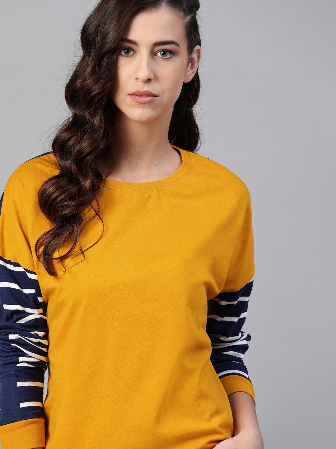 

The Roadster Lifestyle Co Women Mustard Yellow Pure Cotton Solid Extended Sleeves T-shirt