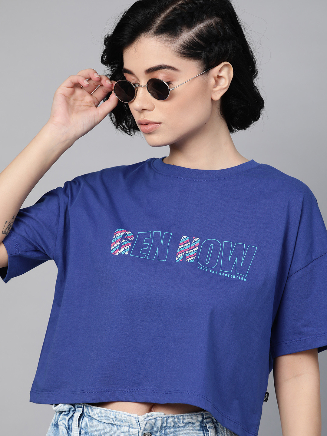 

The Roadster Lifestyle Co Women Blue White Typography Printed Pure Cotton Boxy Pure Cotton T-shirt