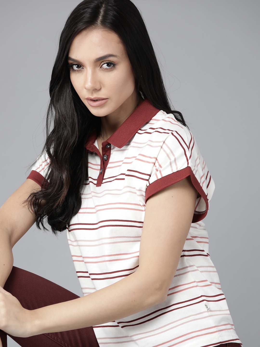 

The Roadster Lifestyle Co Women White & Maroon Striped Easy Boxy Polo Collar T-shirt