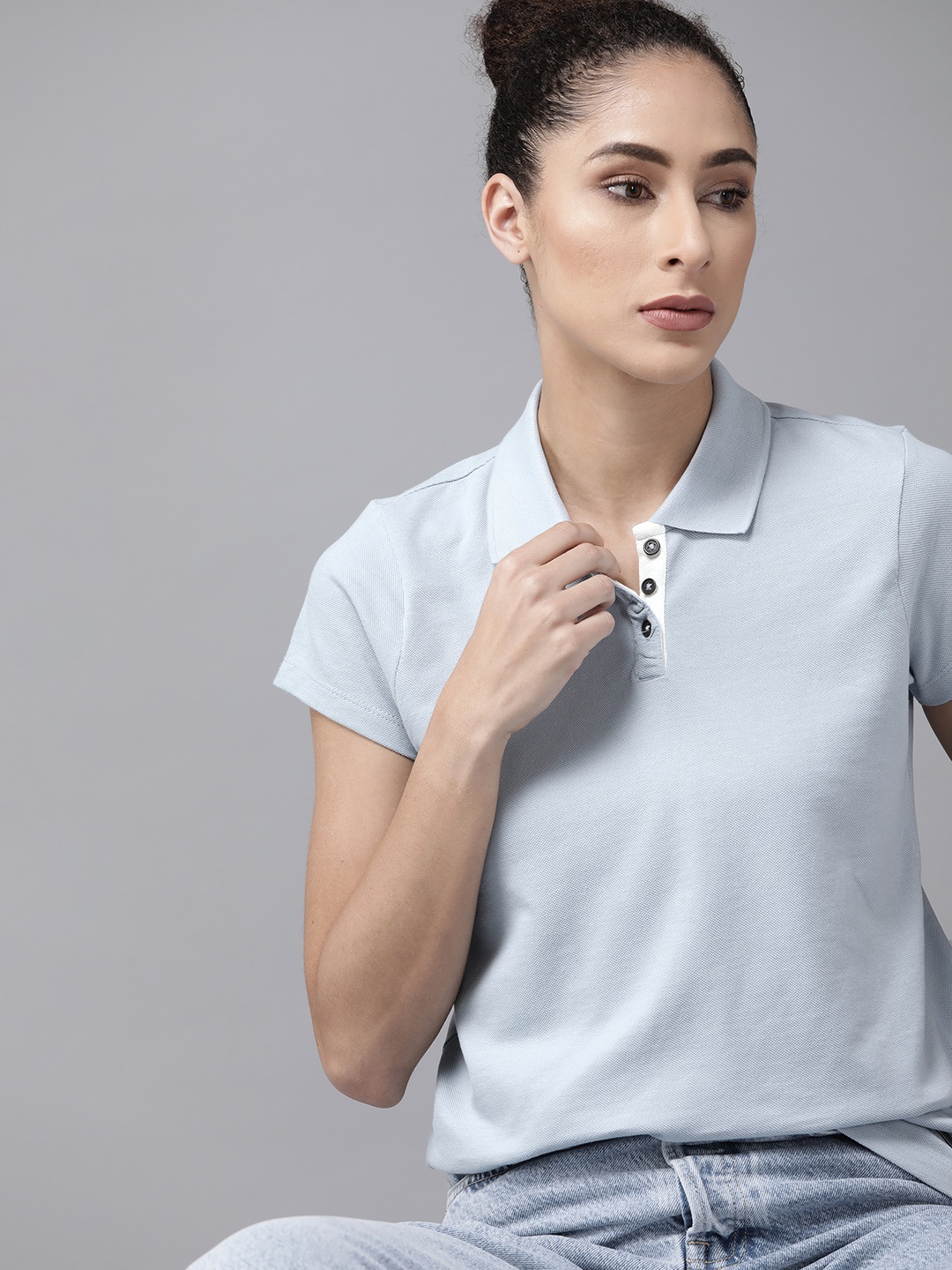 

The Roadster Lifestyle Co Women Blue Solid Pure Cotton Polo Collar T-shirt