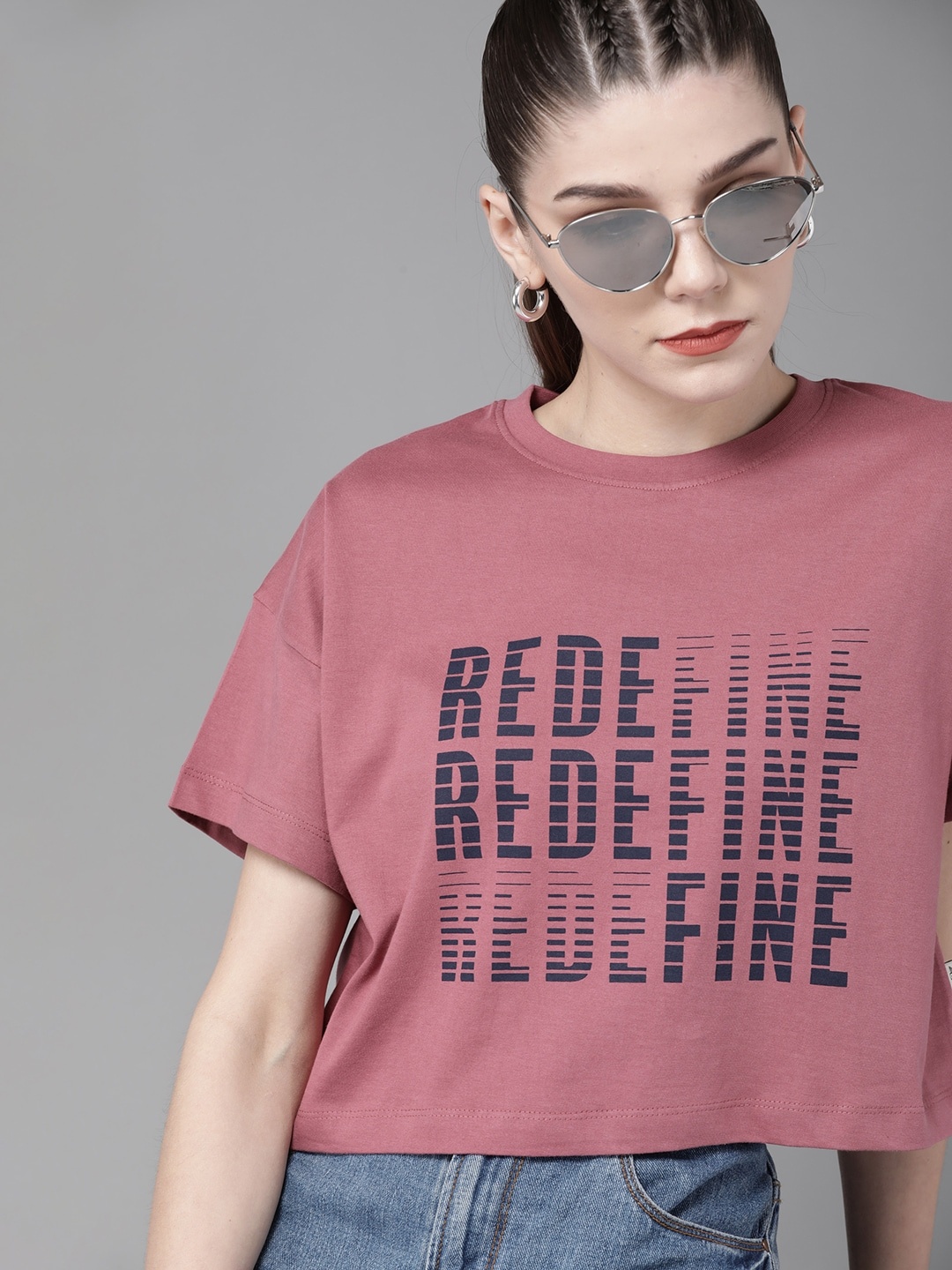 

The Roadster Lifestyle Co Women Pink Navy Blue Printed Pure Cotton Boxy T-shirt