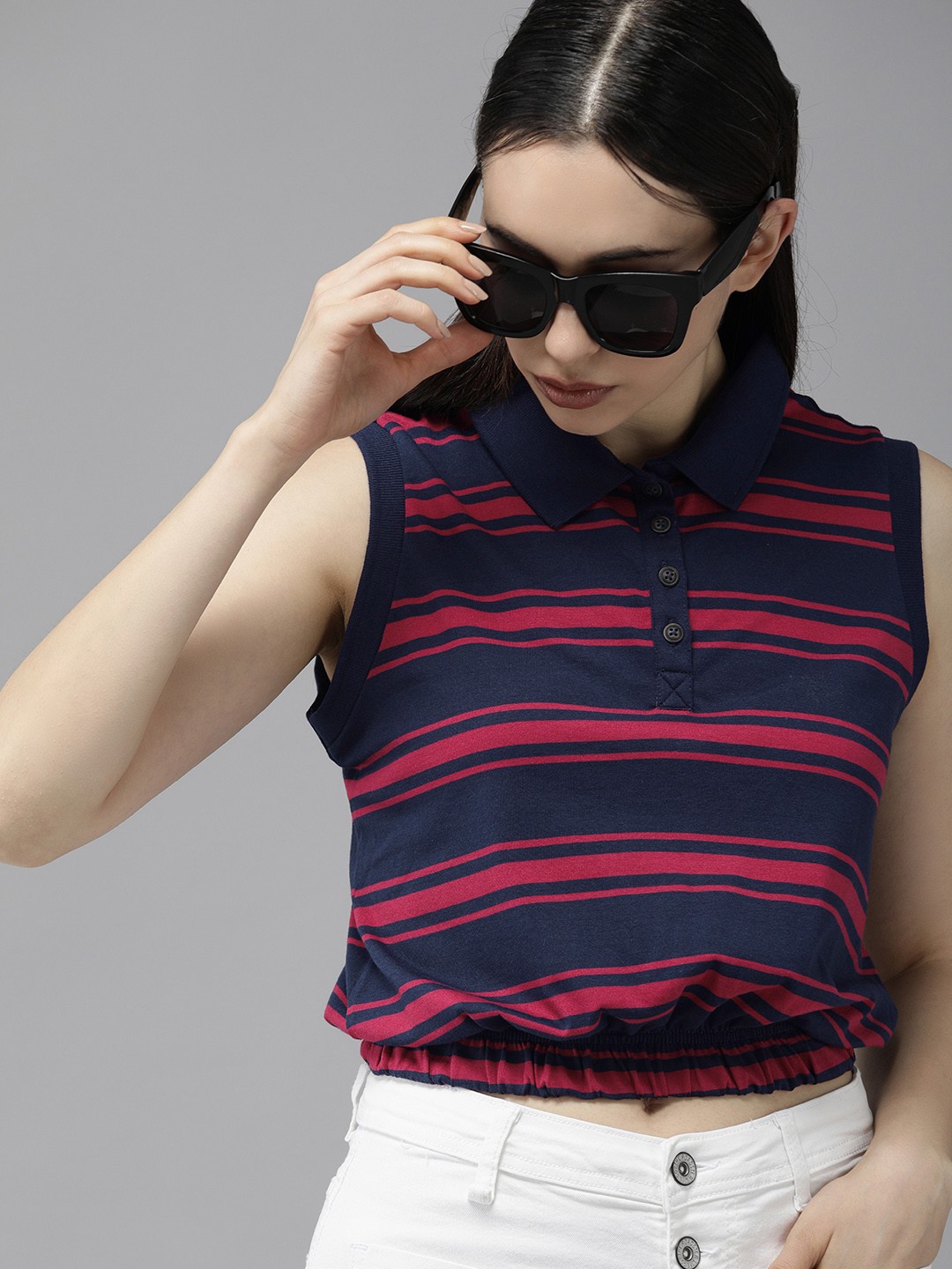 

The Roadster Lifestyle Co Women Navy Blue & Pink Striped Polo Collar T-shirt