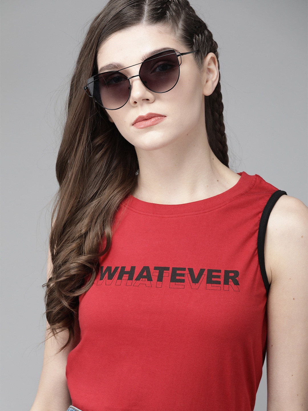 

Roadster Women Red Pure Cotton Typographic Print Round Neck Slim Fit T-shirt, Maroon