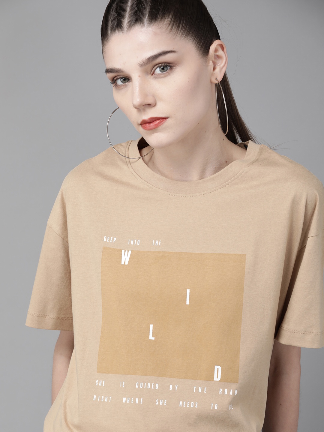 

The Roadster Lifestyle Co Women Beige Printed Round Neck T-shirt