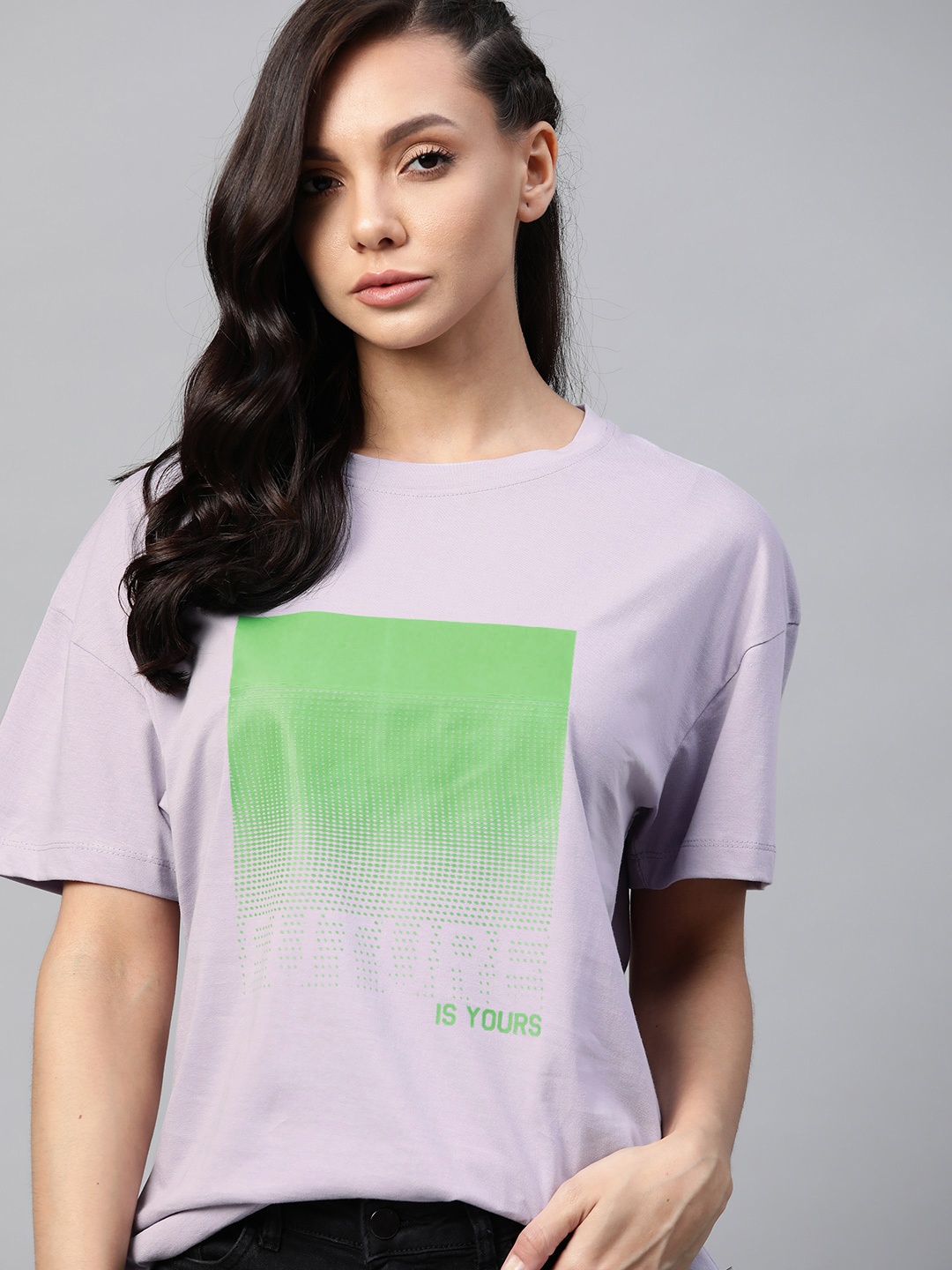 

The Roadster Lifestyle Co Women Lavender Green Pure Cotton Graphic Print Boxy Fit Sleeves T-shirt