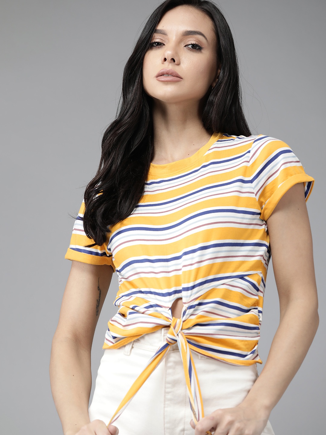 

The Roadster Lifestyle Co Women Mustard Yellow Must Have Relaxed Front Knot Striped Pure Cotton T-shirt