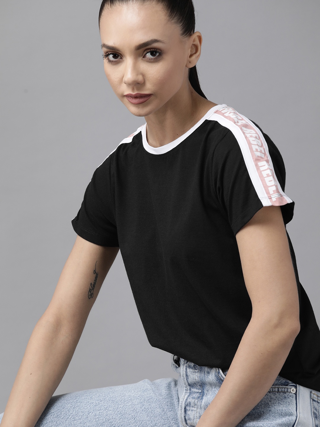 

The Roadster Lifestyle Co Women Black Solid Extended Sleeves Pure Cotton T-shirt