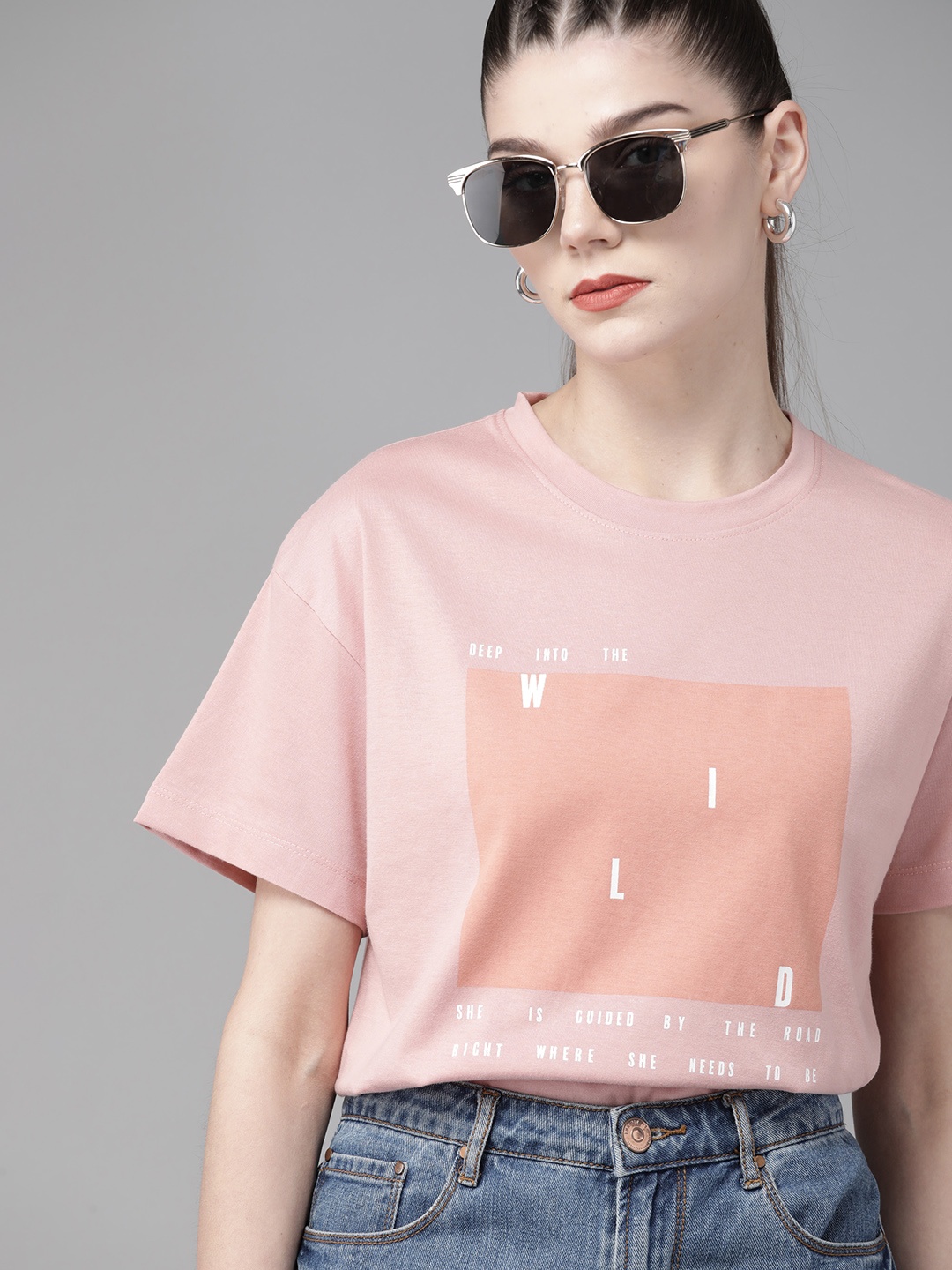 

The Roadster Lifestyle Co Women Pink Peach-Coloured Printed Pure Cotton Boxy T-shirt