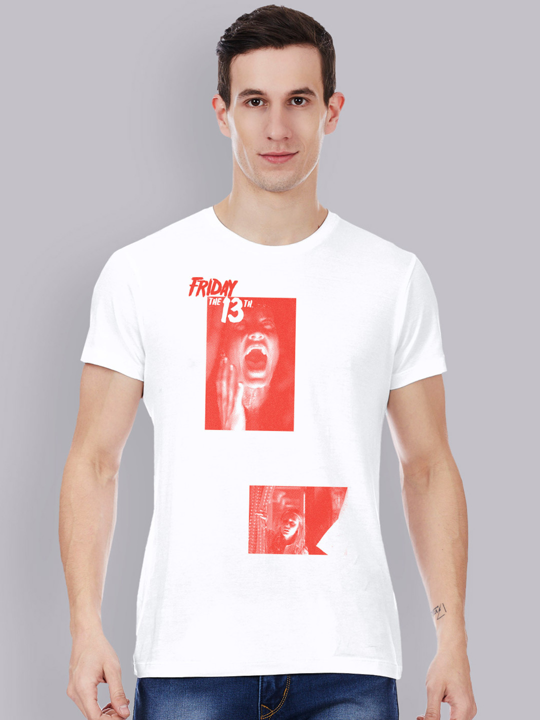 

Free Authority Men White Friday The 13Th Printed Round Neck Cotton T-shirt