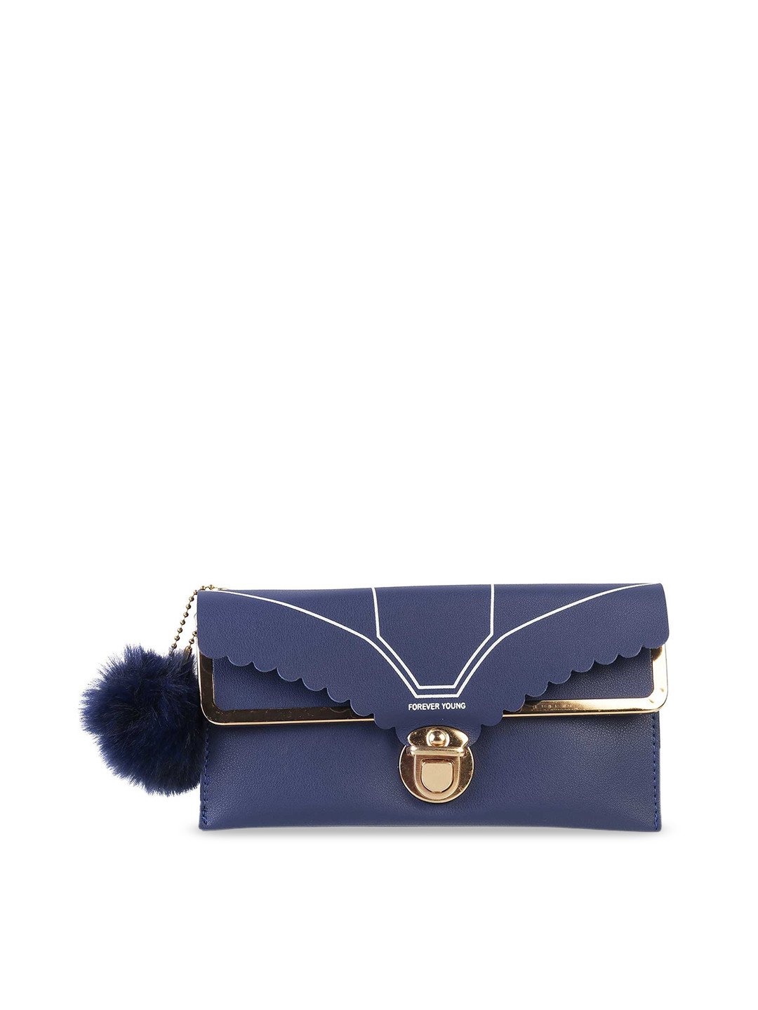 

WALKWAY by Metro Blue & White Printed Clutch with Pompom
