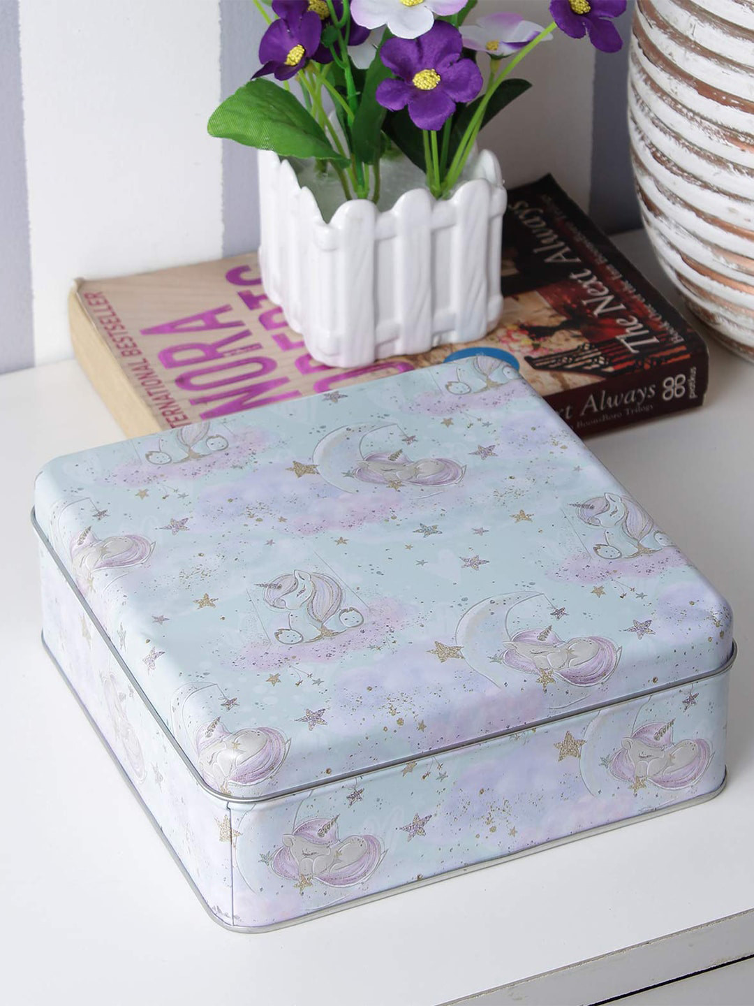 

A Vintage Affair- Home Decor Blue & Pink Sleeping Unicorn Printed Metal Tin