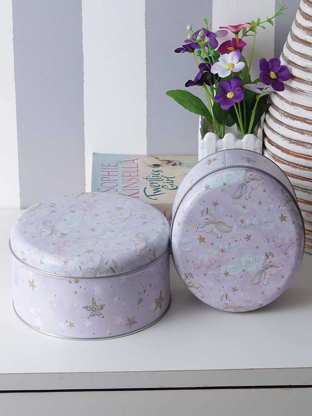 

A Vintage Affair- Home Decor Set Of 2 Unicorn Printed Storage Containers, Lavender