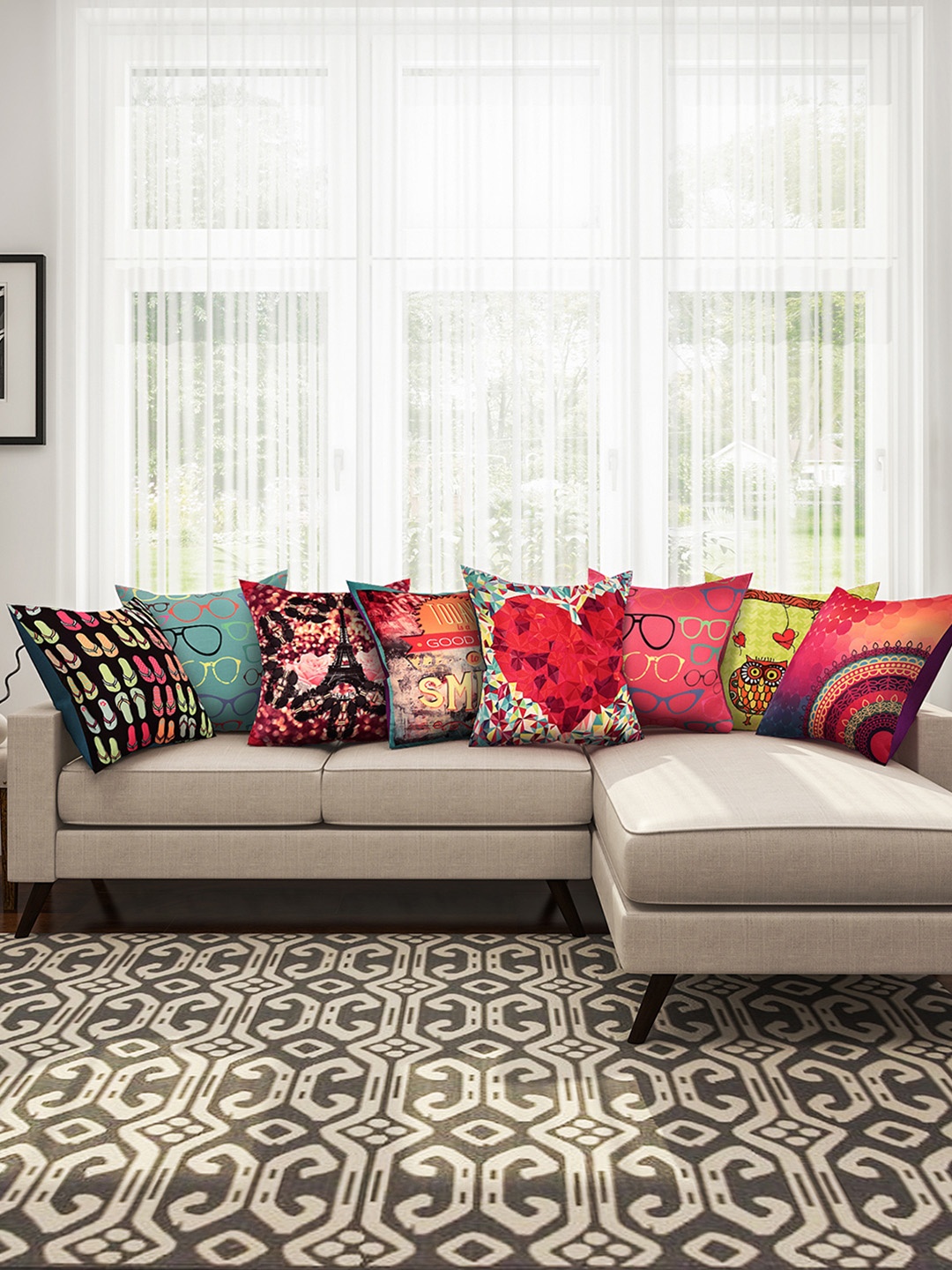 

SEJ by Nisha Gupta Multicoloured 16" x 16" Set of 8 Square Cushion Covers, Multi