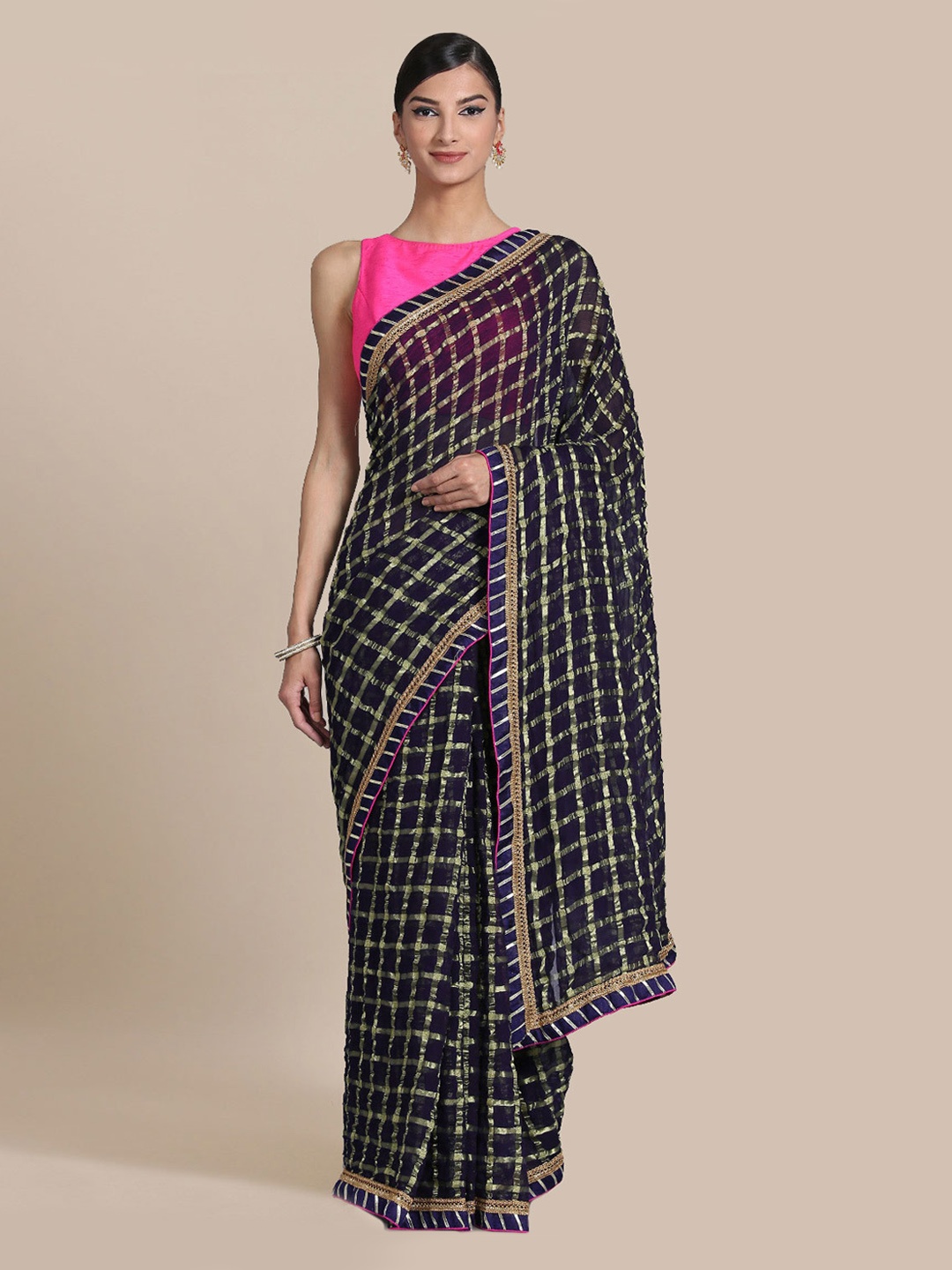 

Chhabra 555 Navy Blue Checked Poly Georgette Saree