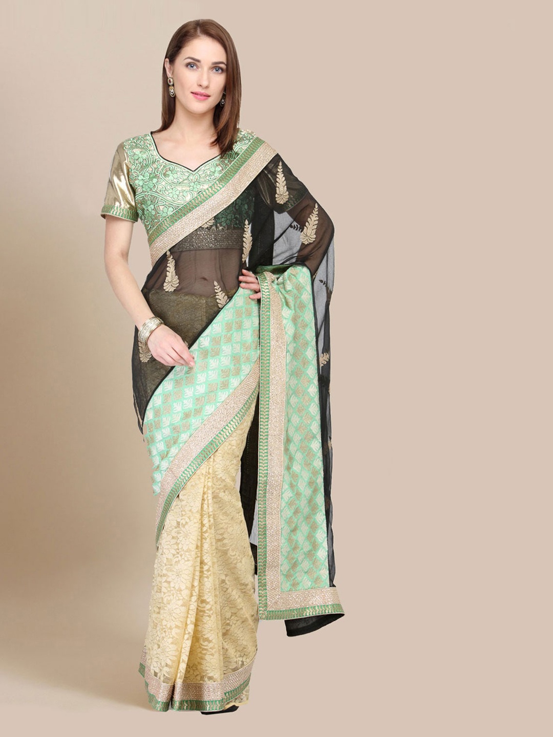 

Chhabra 555 Black & Beige Ethnic Motifs Zari Lace Half and Half Saree