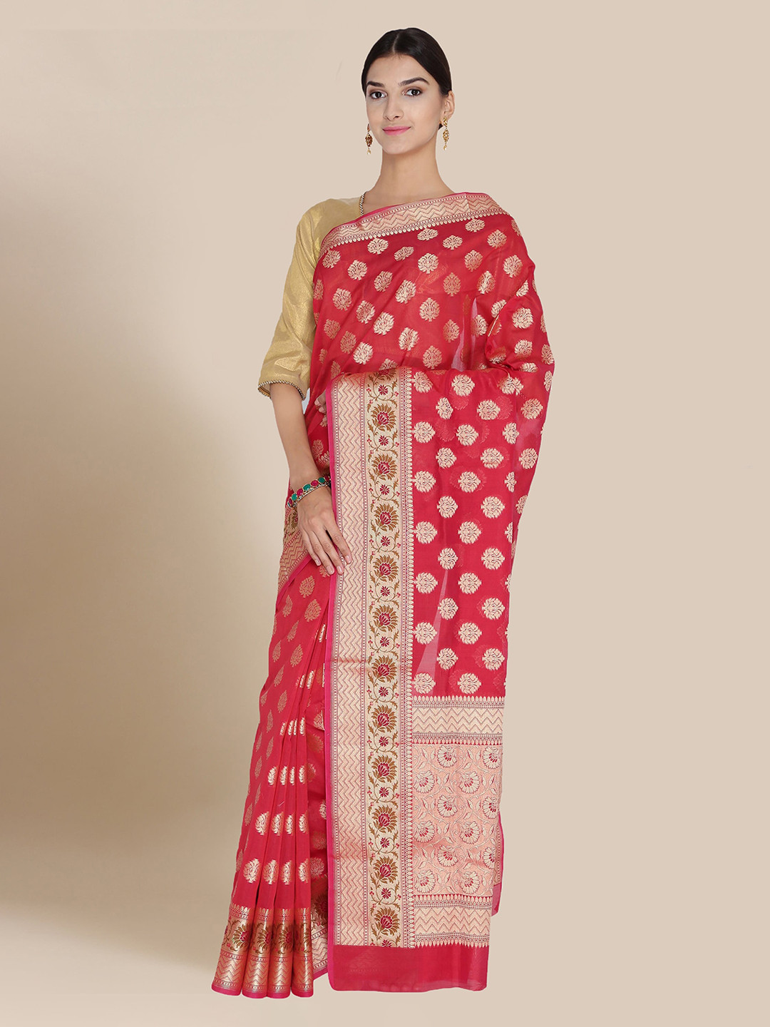 

Chhabra 555 Red & Gold-Toned Art Silk Woven Design Banarasi Saree