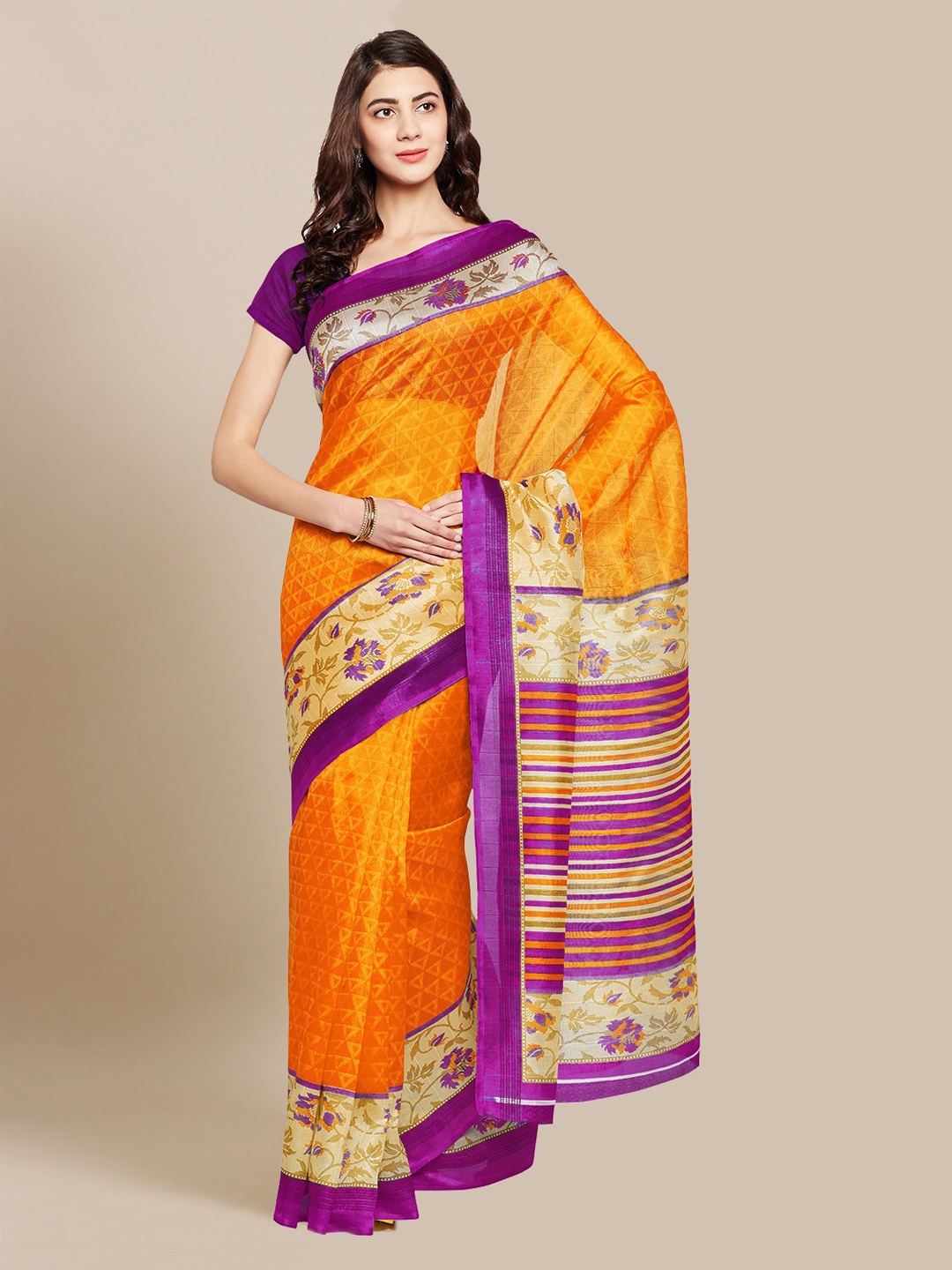 

Chhabra 555 Mustard Silk Cotton Printed Bhagalpuri Saree