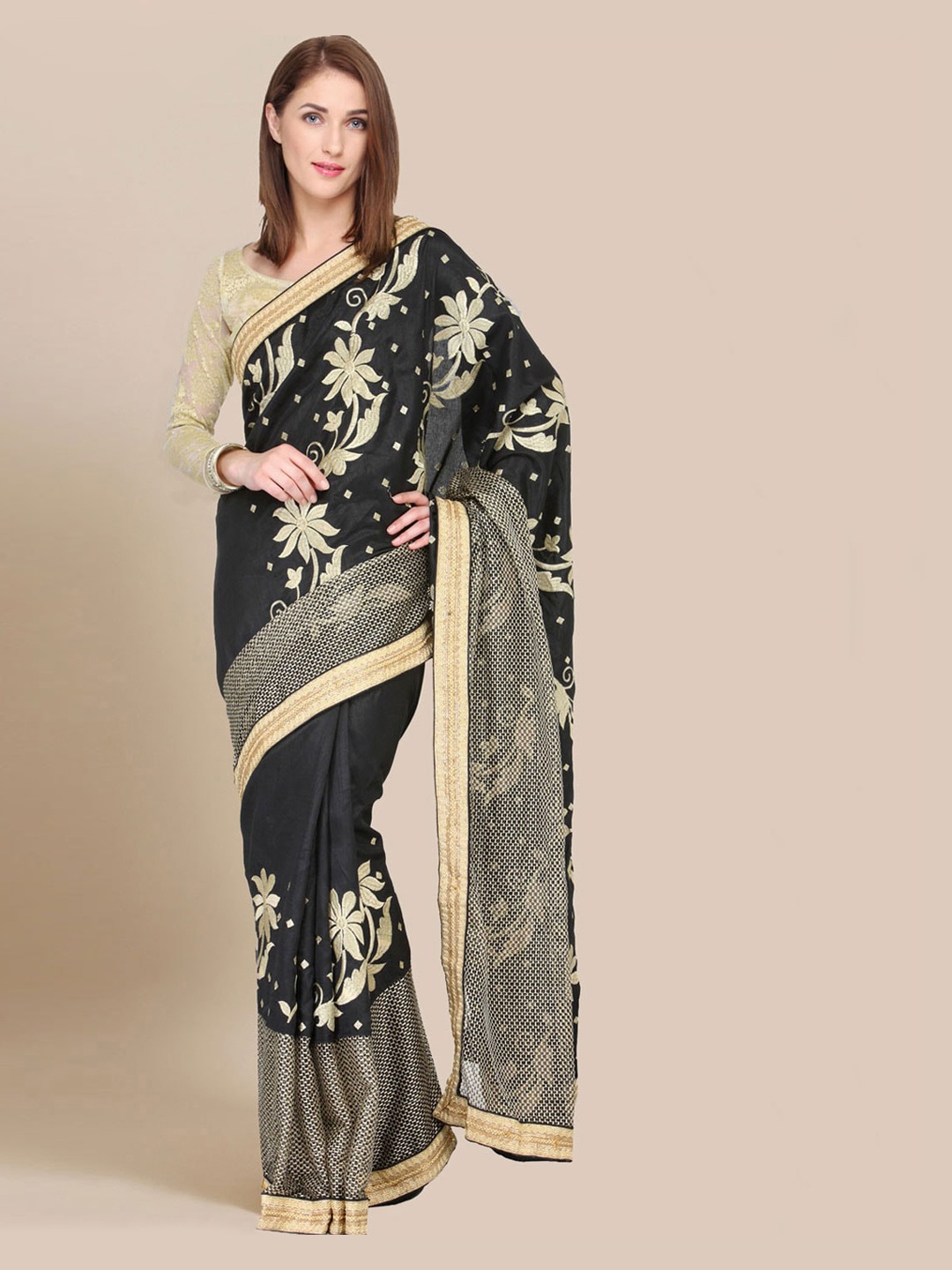 

Chhabra 555 Black & Gold-Toned Art Silk Embroidered Banarasi Saree