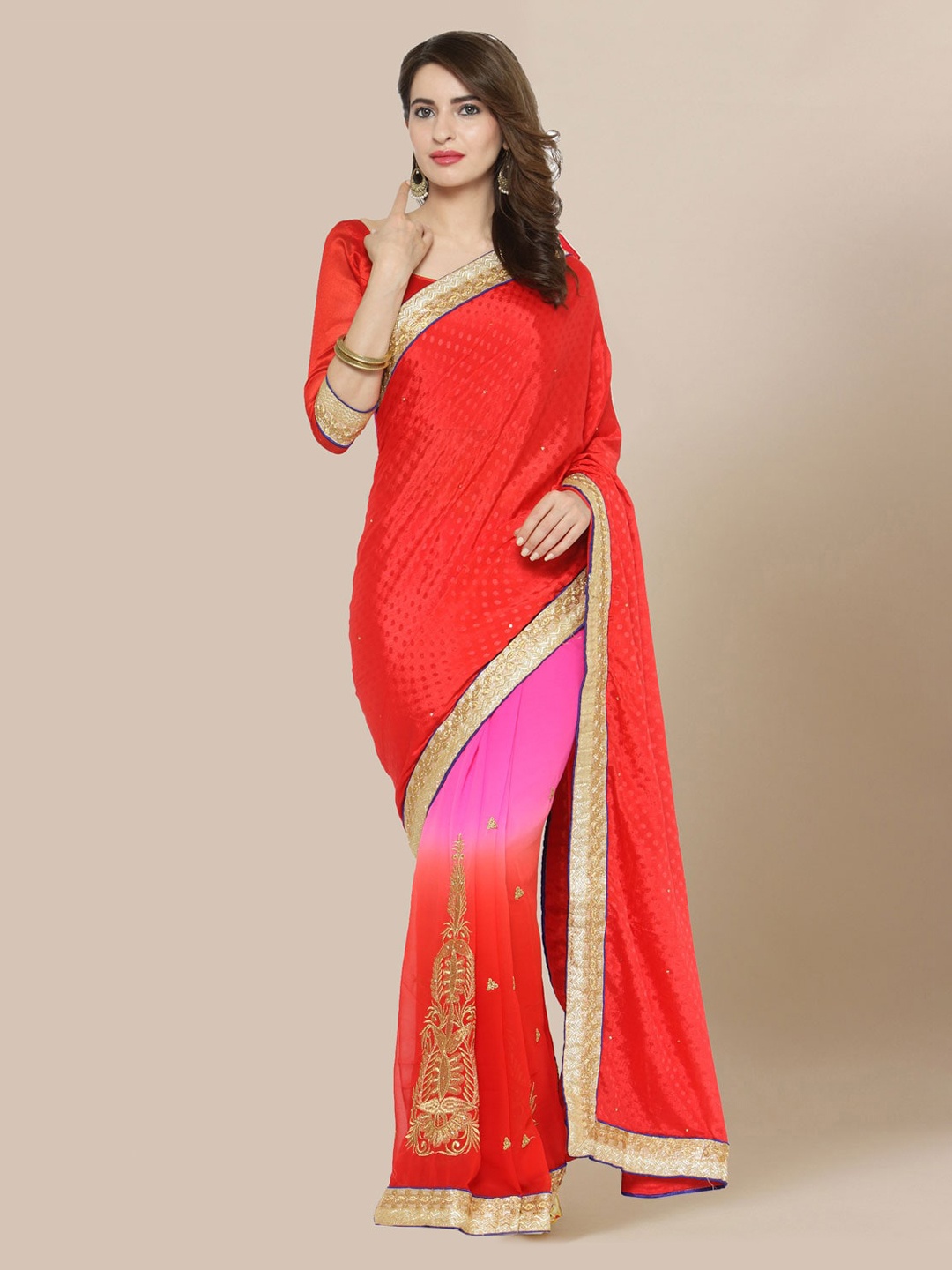 

Chhabra 555 Red Dyed Poly Georgette Saree