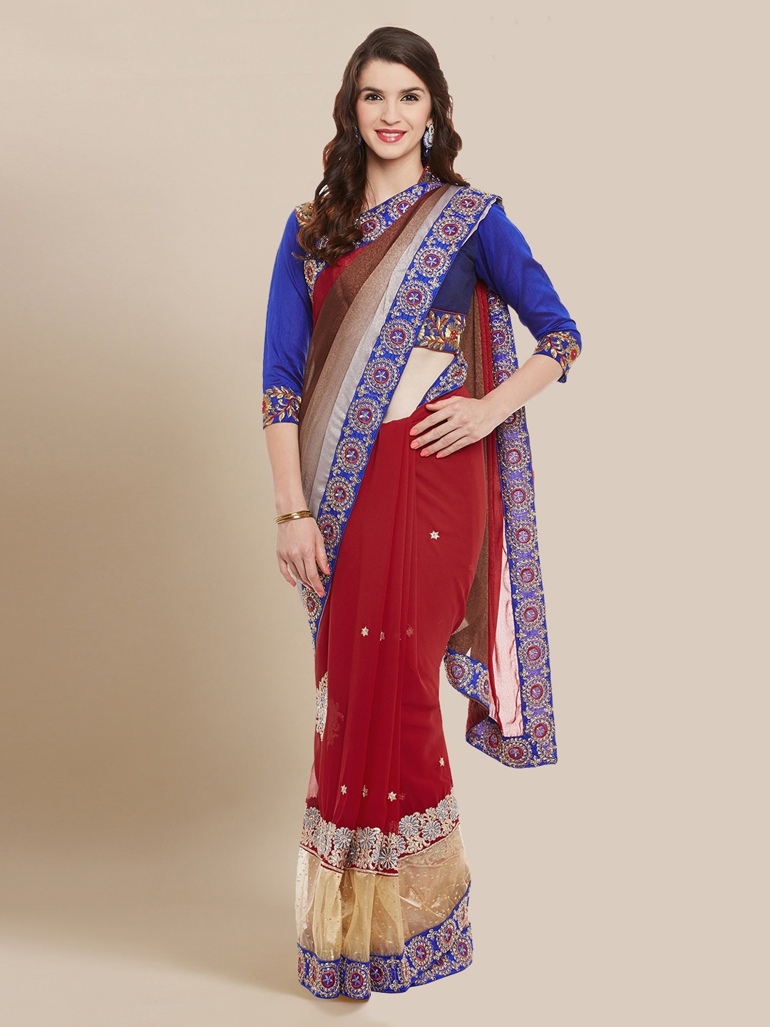 

Chhabra 555 Maroon & Blue Embroidered Saree