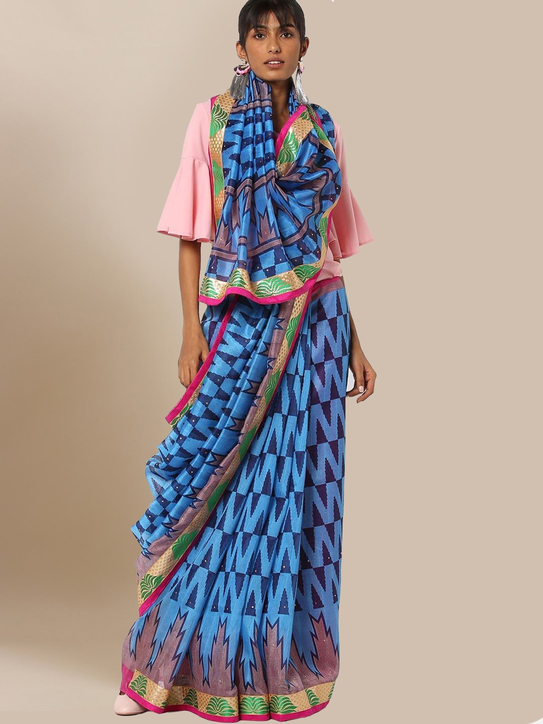 

Chhabra 555 Turquoise Blue Silk Cotton Printed Bhagalpuri Saree