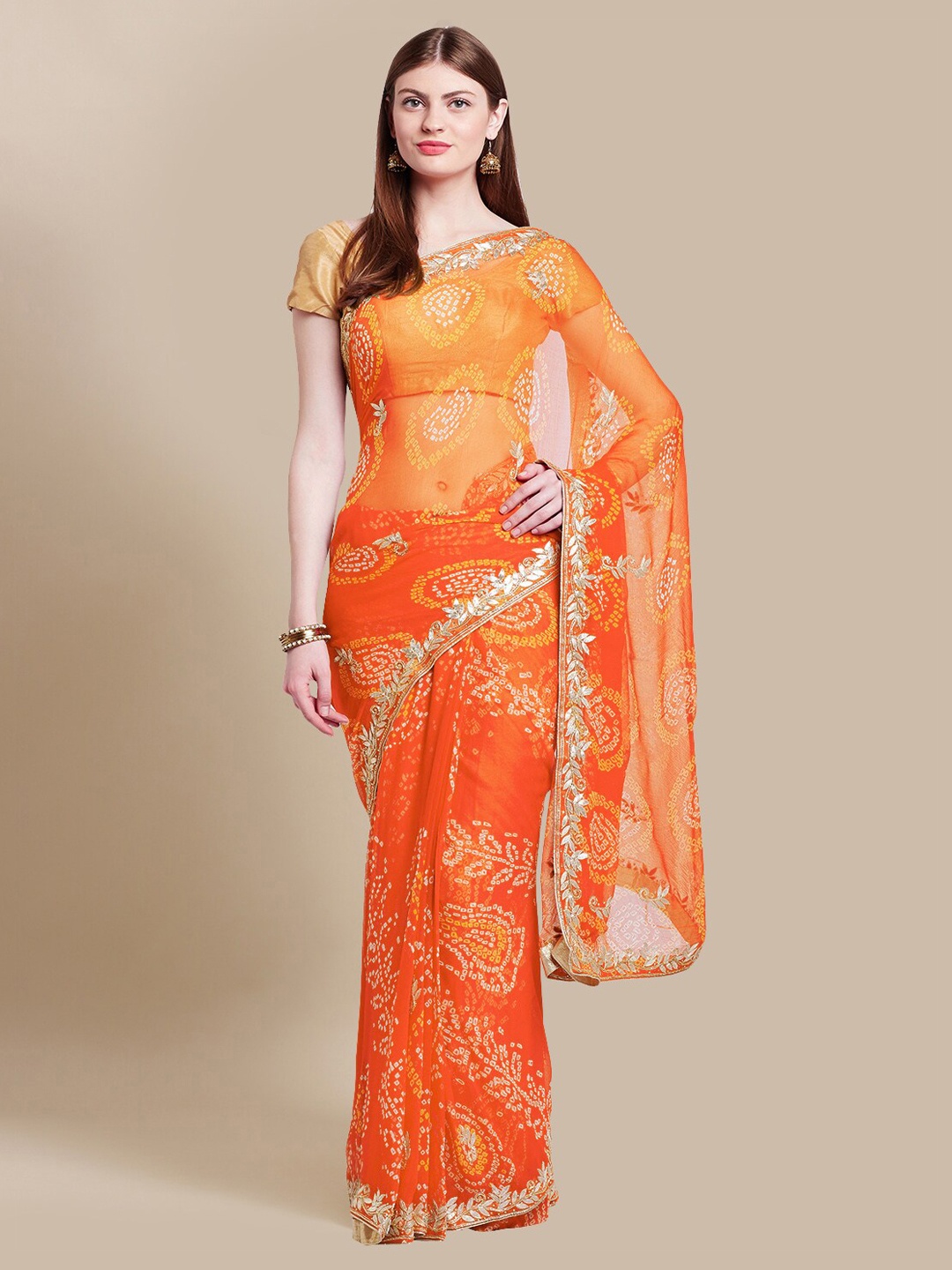 

Chhabra 555 Orange Poly Chiffon Printed Bandhani Saree