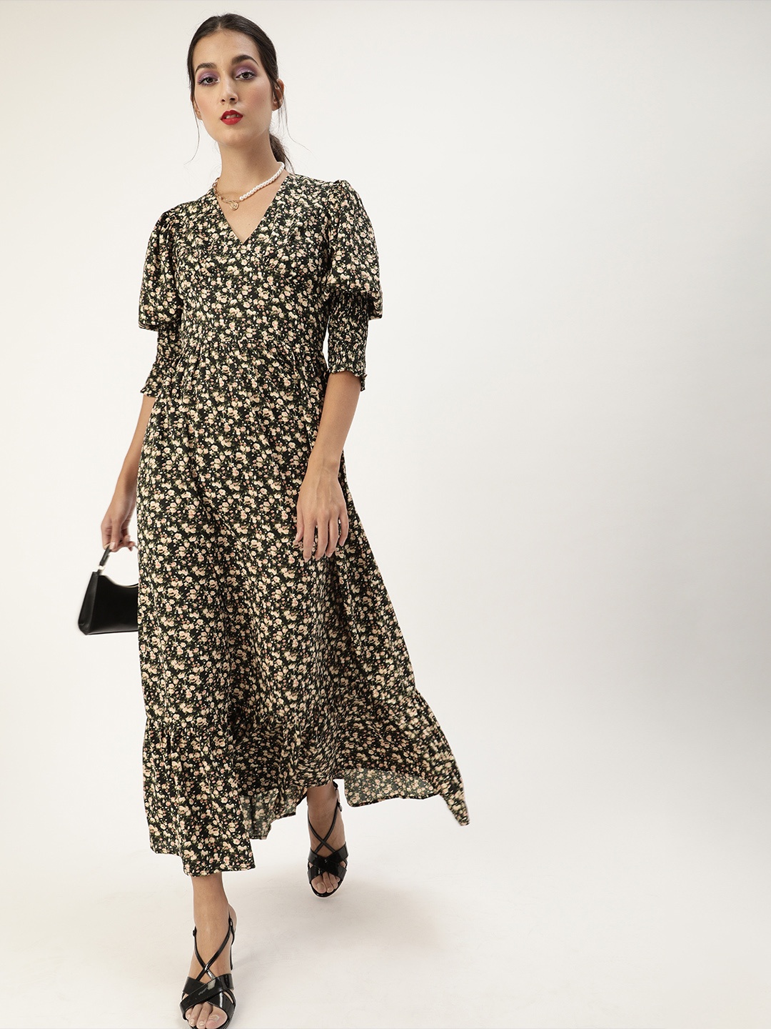 

The Vanca Fashionable Green and Beige Floral Print Maxi Dress