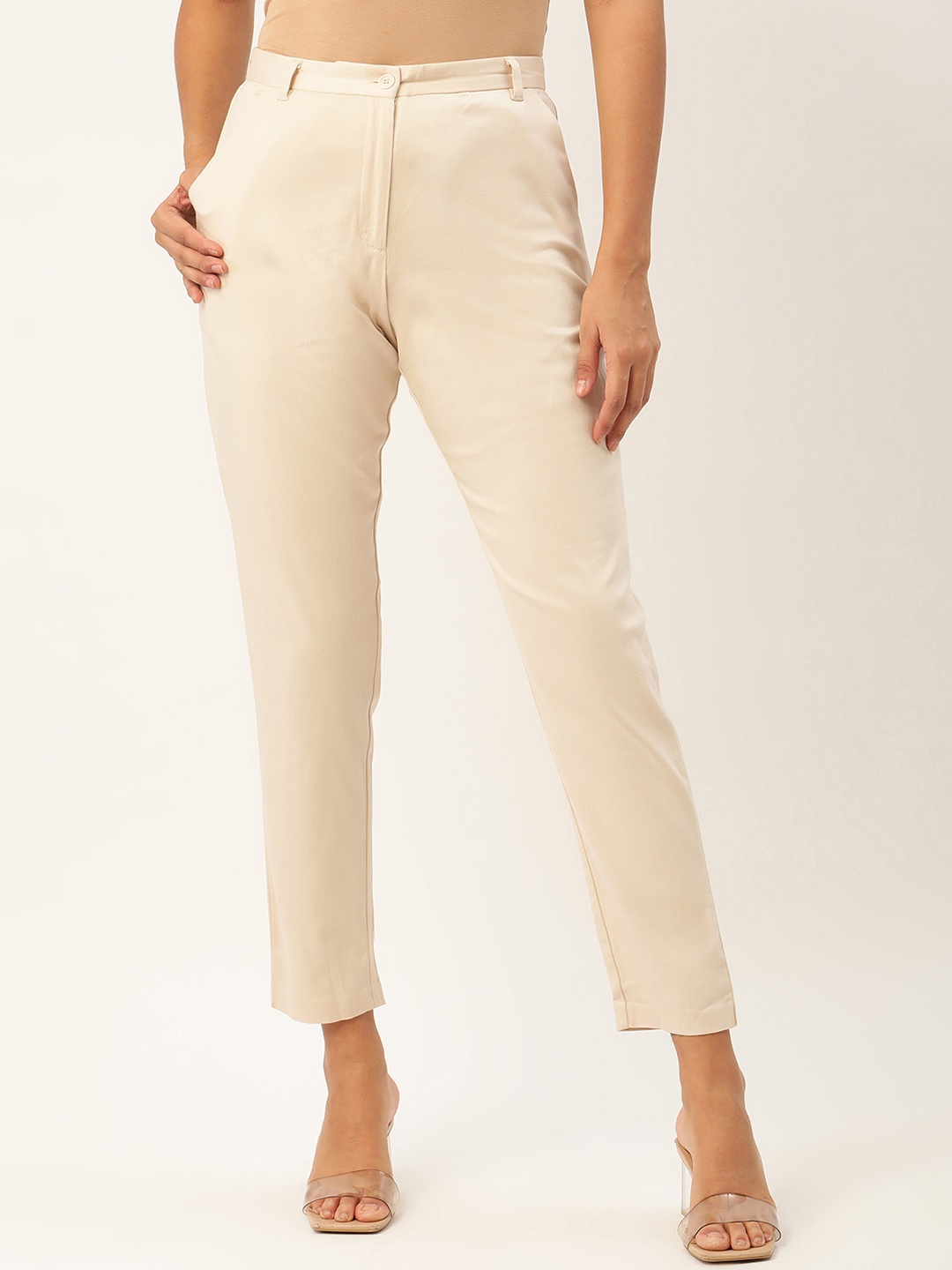 

ROOTED Women Beige Slim Fit Solid Regular Trousers