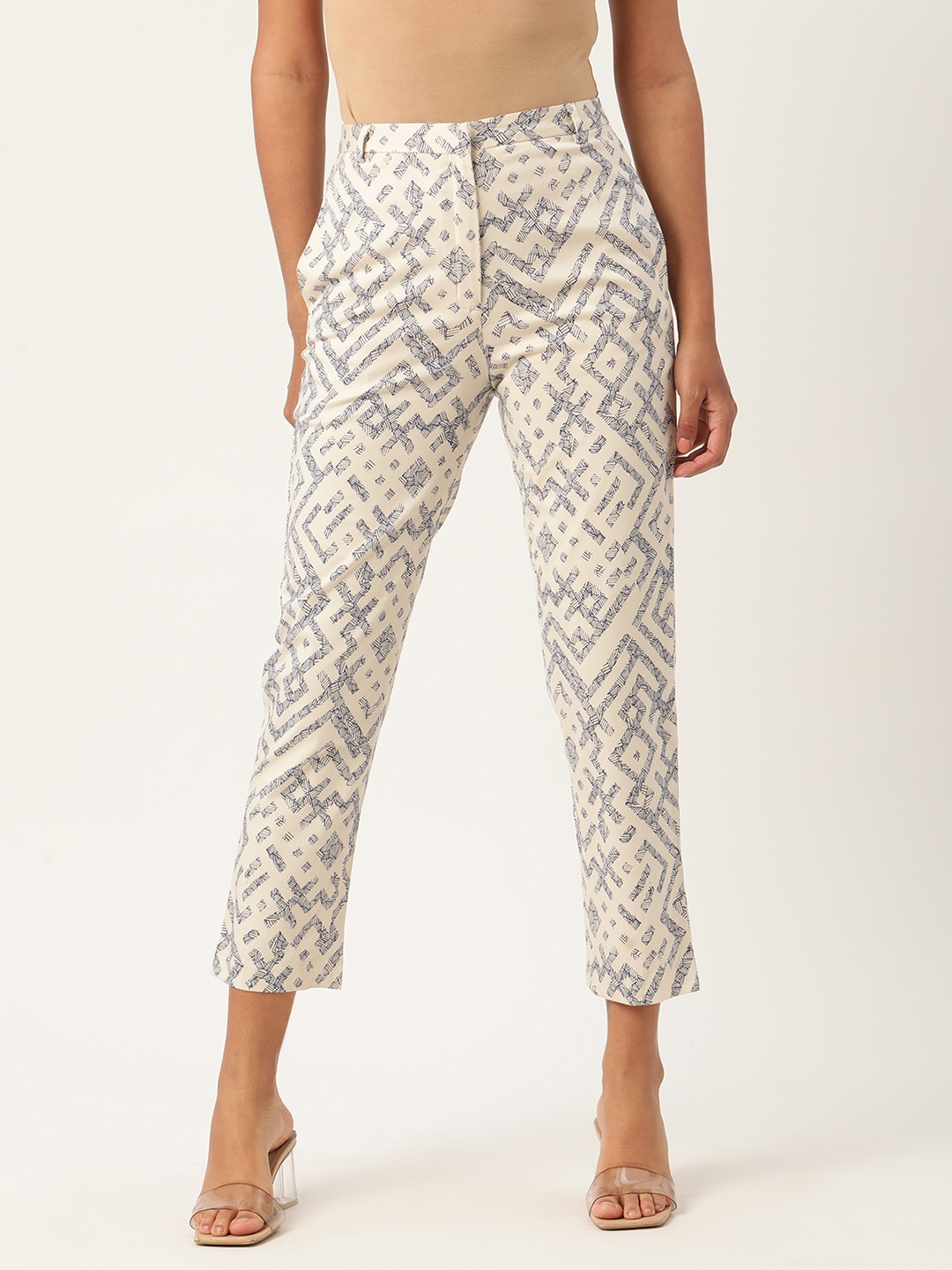 

ROOTED Women Off-White & Grey Printed Regular Trousers