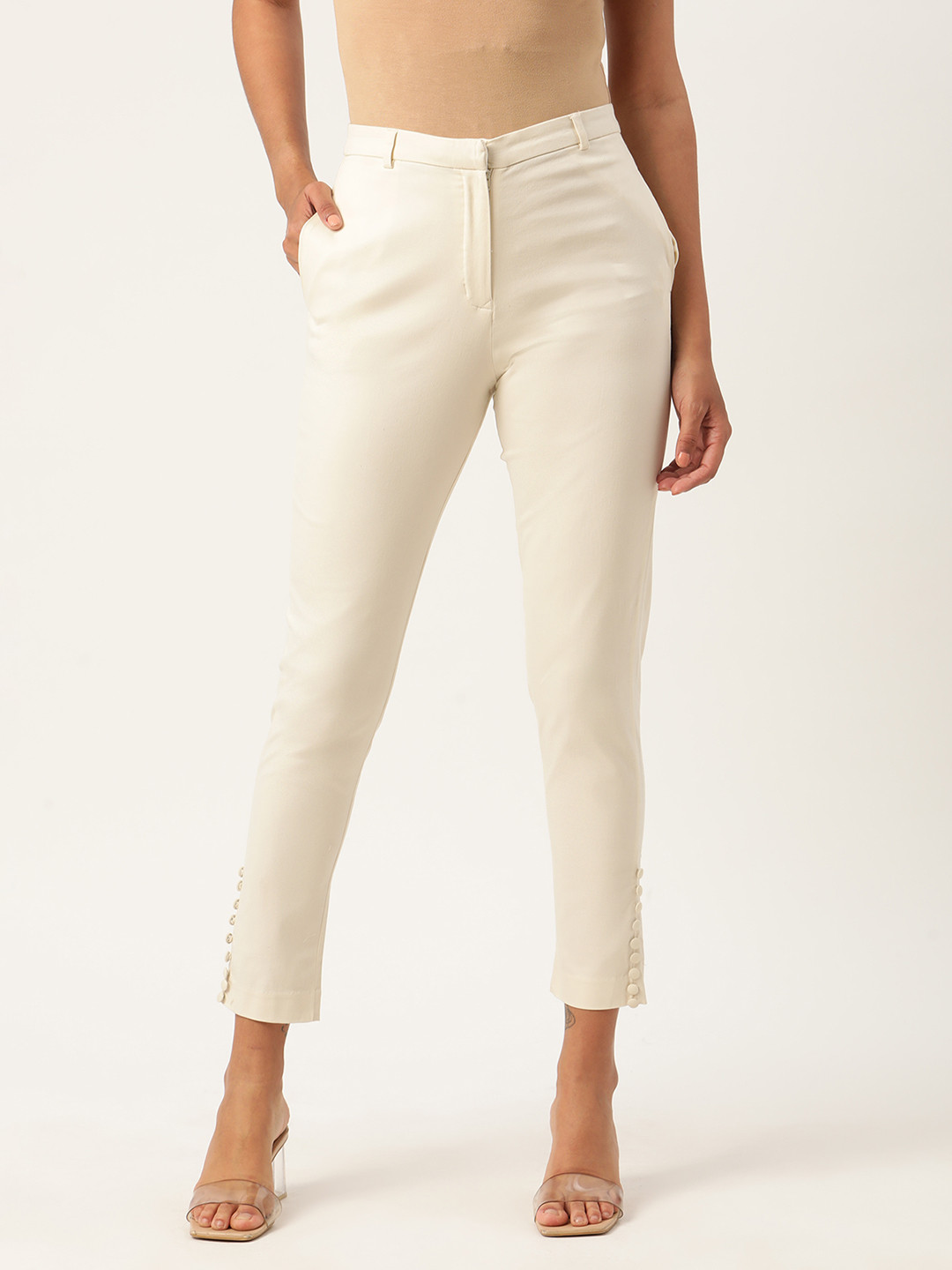 

ROOTED Women White Solid Regular Trousers