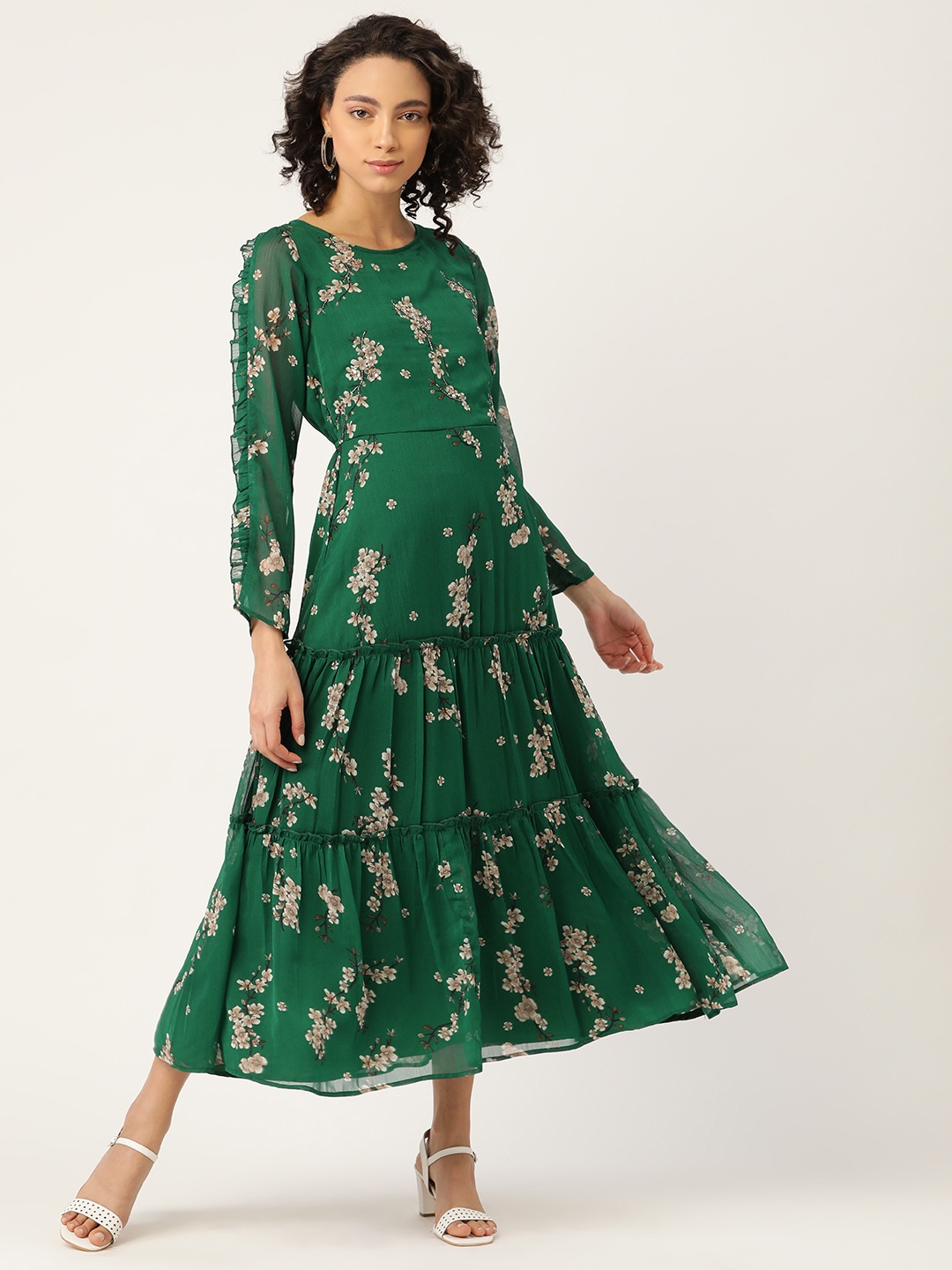 

Antheaa Women Green & Beige Floral Printed Tiered Maxi Dress