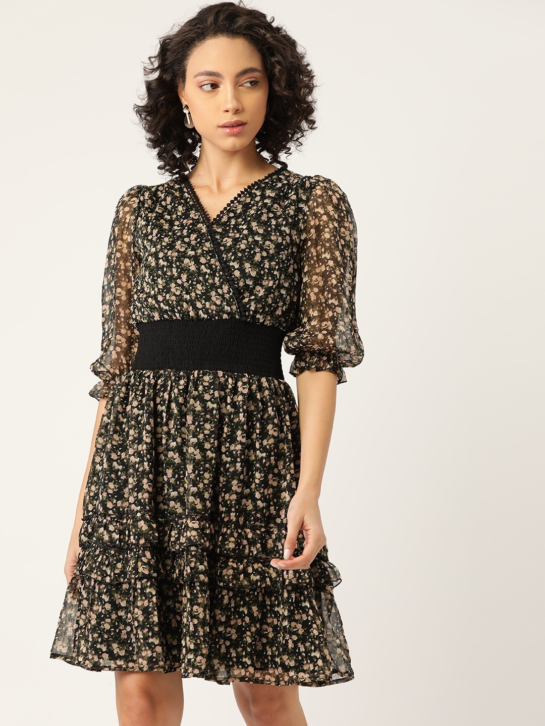 

Antheaa Women Black & Green Floral Print Smocked Wrap Dress