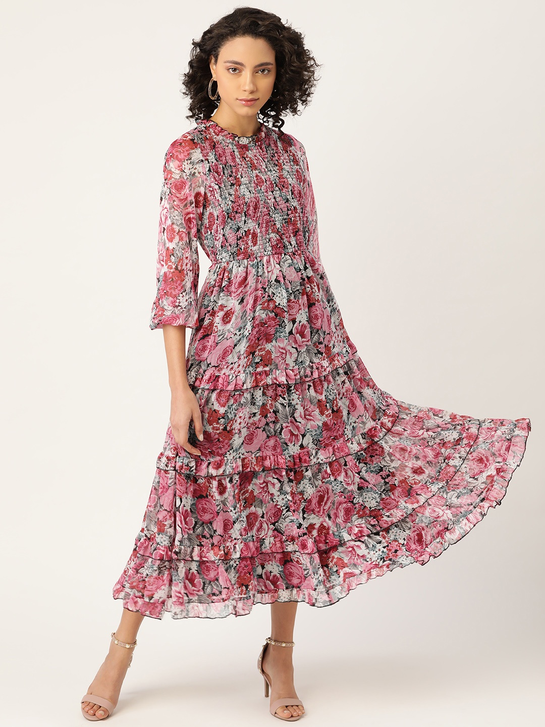 

Antheaa Women Pink & Red Floral Print Fit & Flare Tiered Midi Dress