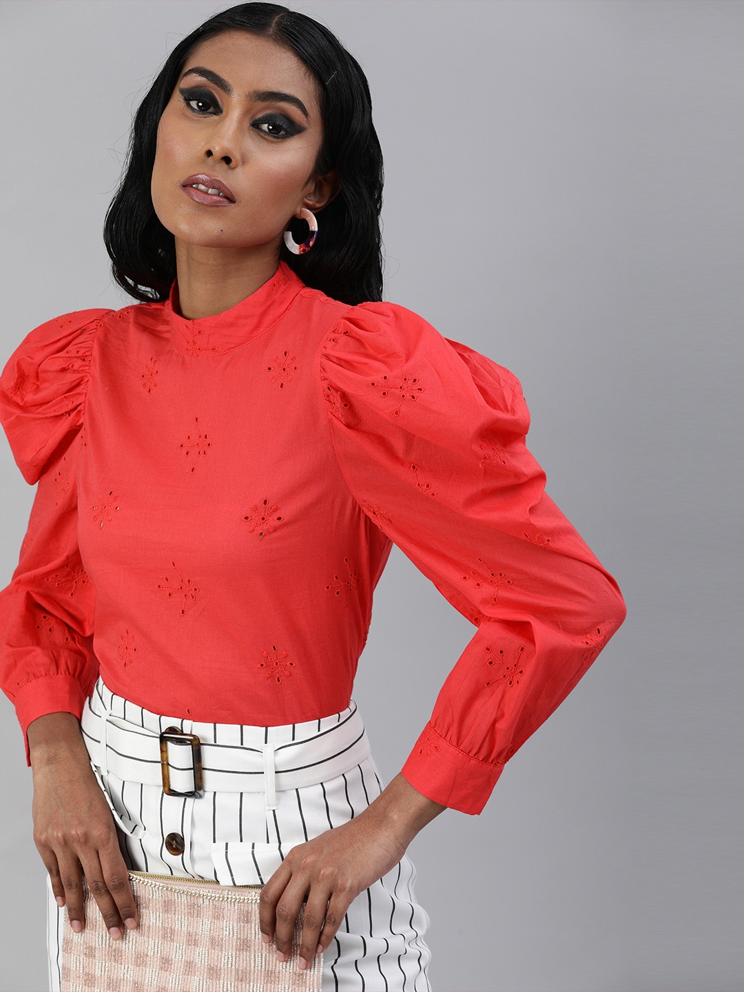 

VARUSHKA Coral Orange Ethnic Motifs Schiffli Embroidered Pure Cotton Puff Sleeves Top