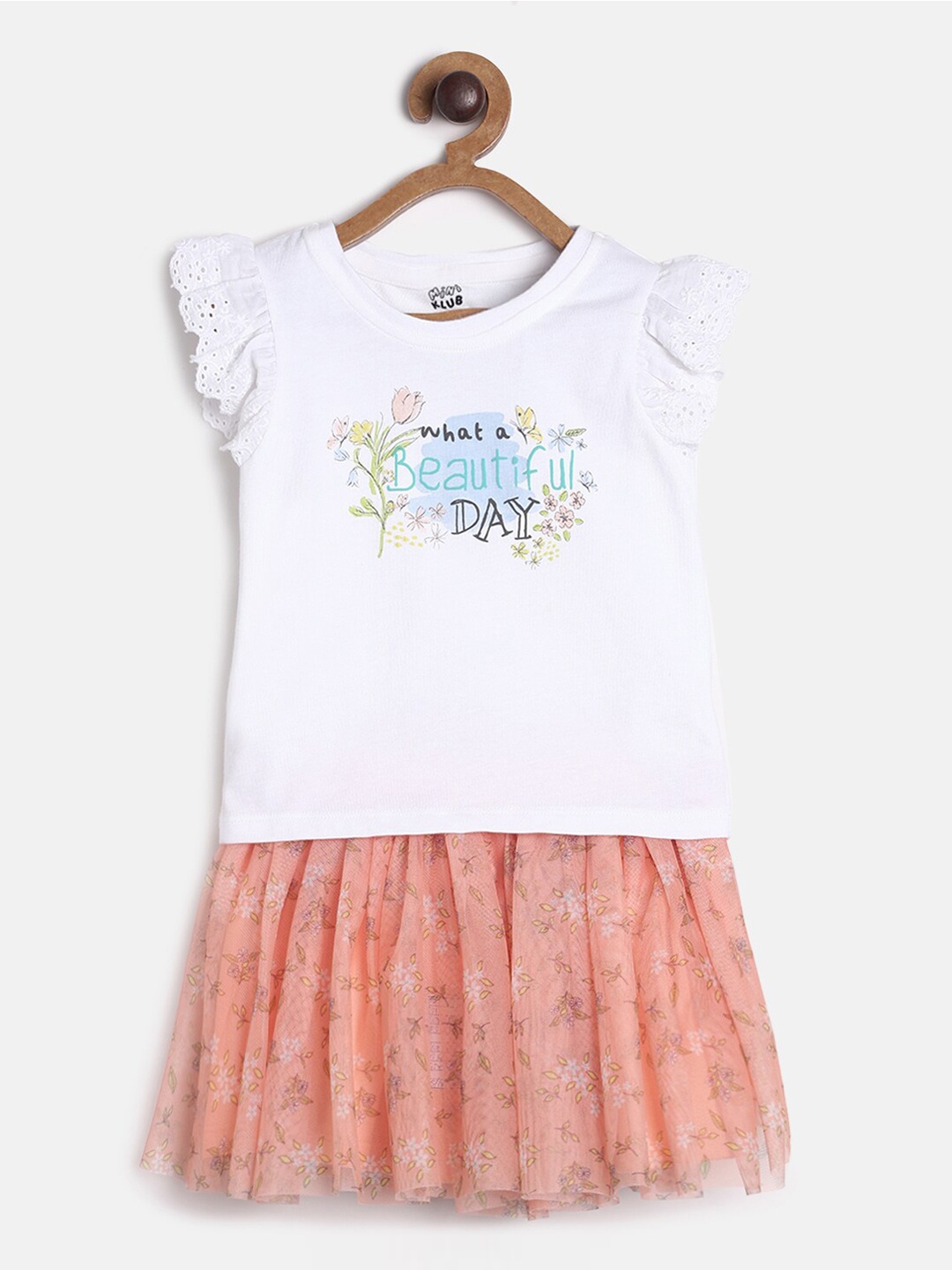 

MINI KLUB Girls White & Pink Printed Cotton Top with Skirt