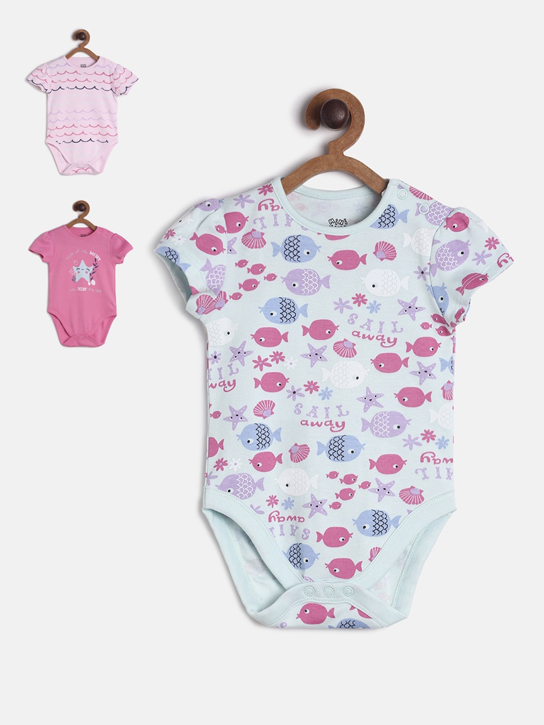 

MINI KLUB Infant Girls Pack Of 3 Printed Pure Cotton Bodysuits, Pink