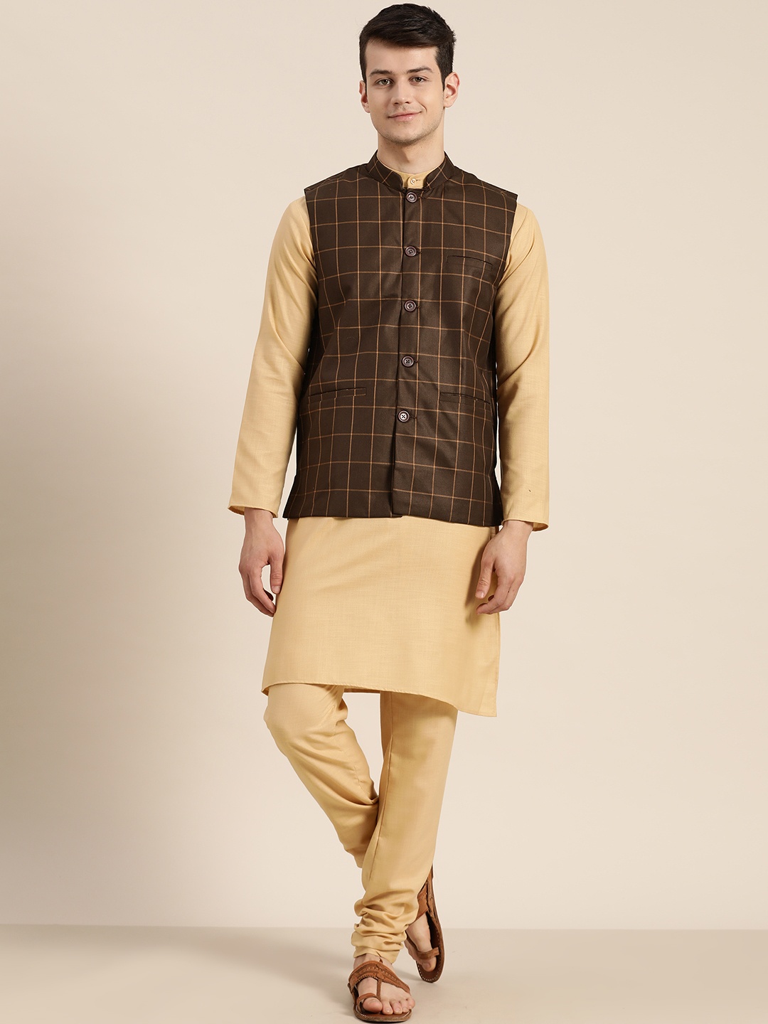 

SOJANYA Men Beige & Coffee Brown Solid Kurta with Churidar & Nehru Jacket