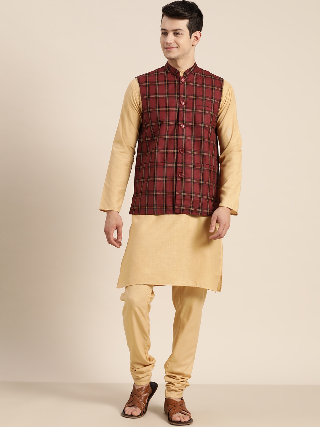 

SOJANYA Men Beige & Maroon Solid Kurta with Churidar & Nehru Jacket