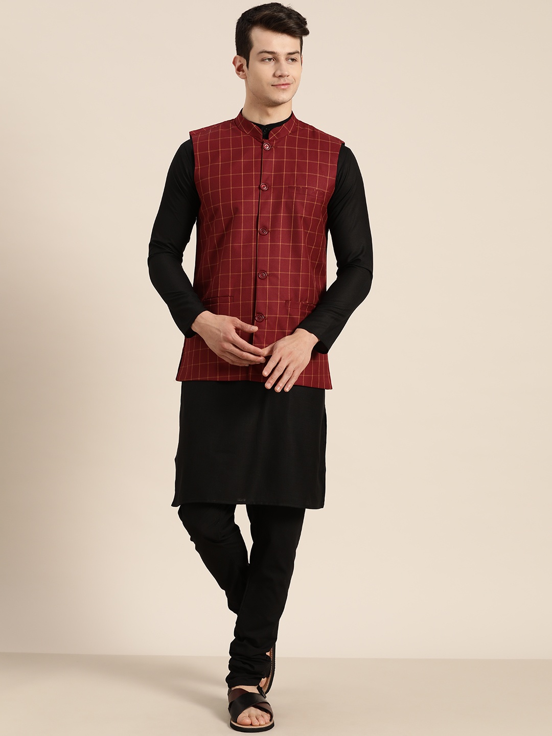 

SOJANYA Men Black & Maroon Solid Kurta with Churidar & Nehru Jacket