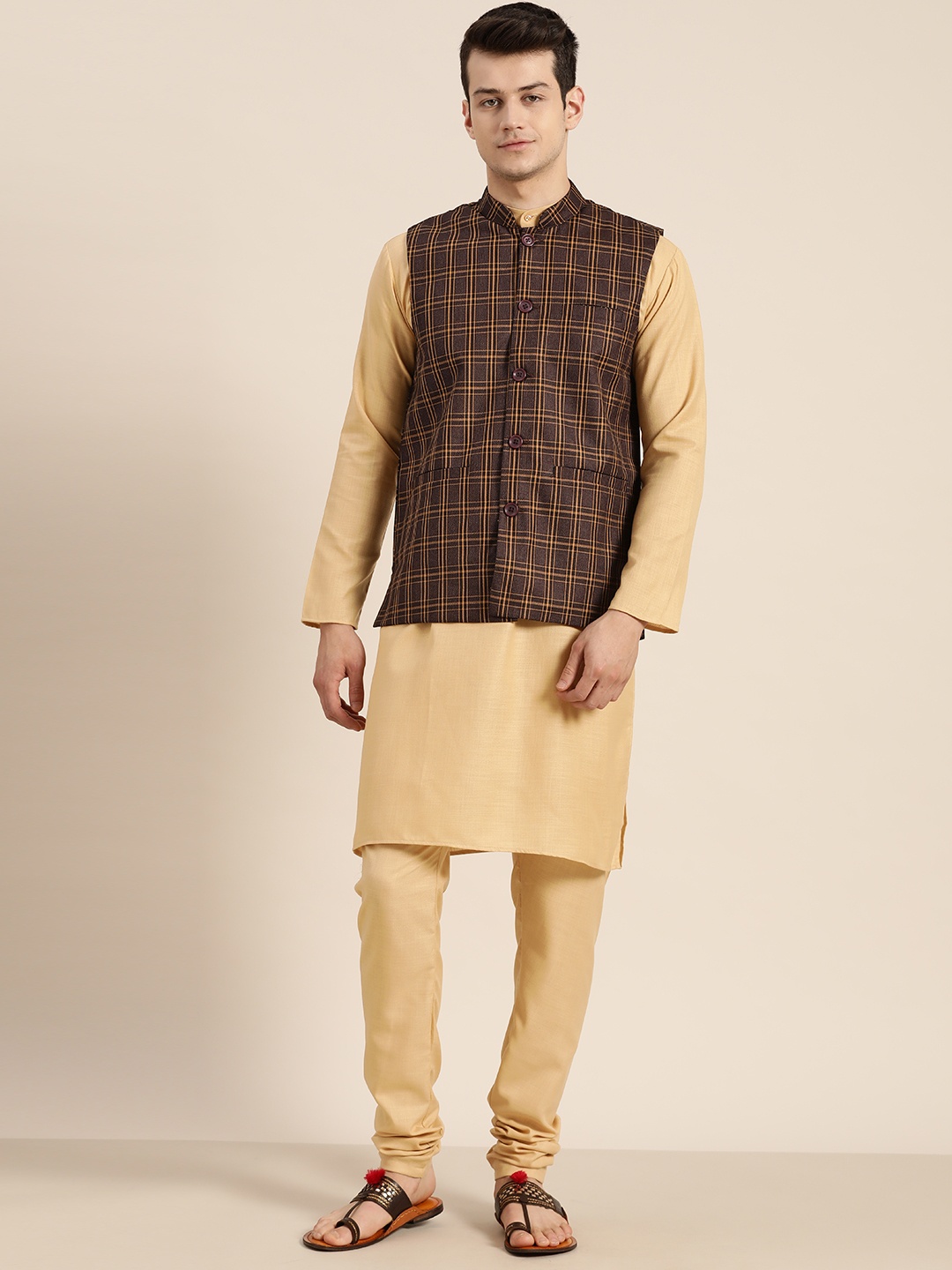 

SOJANYA Men Beige & Coffee Brown Solid Kurta with Churidar With Nehru Jacket