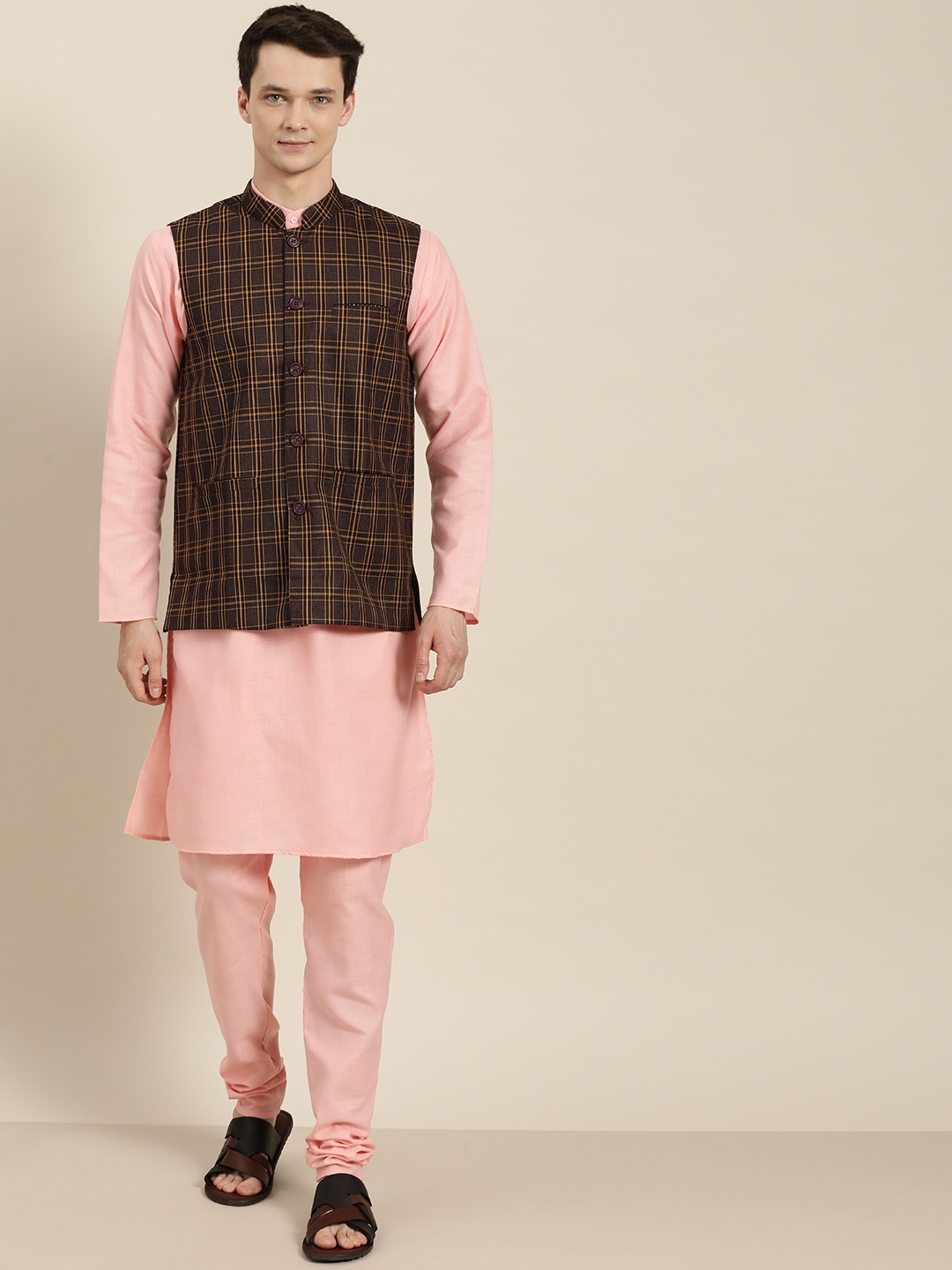 

SOJANYA Men Pink & Brown Solid Kurta with Churidar & Nehru Jacket