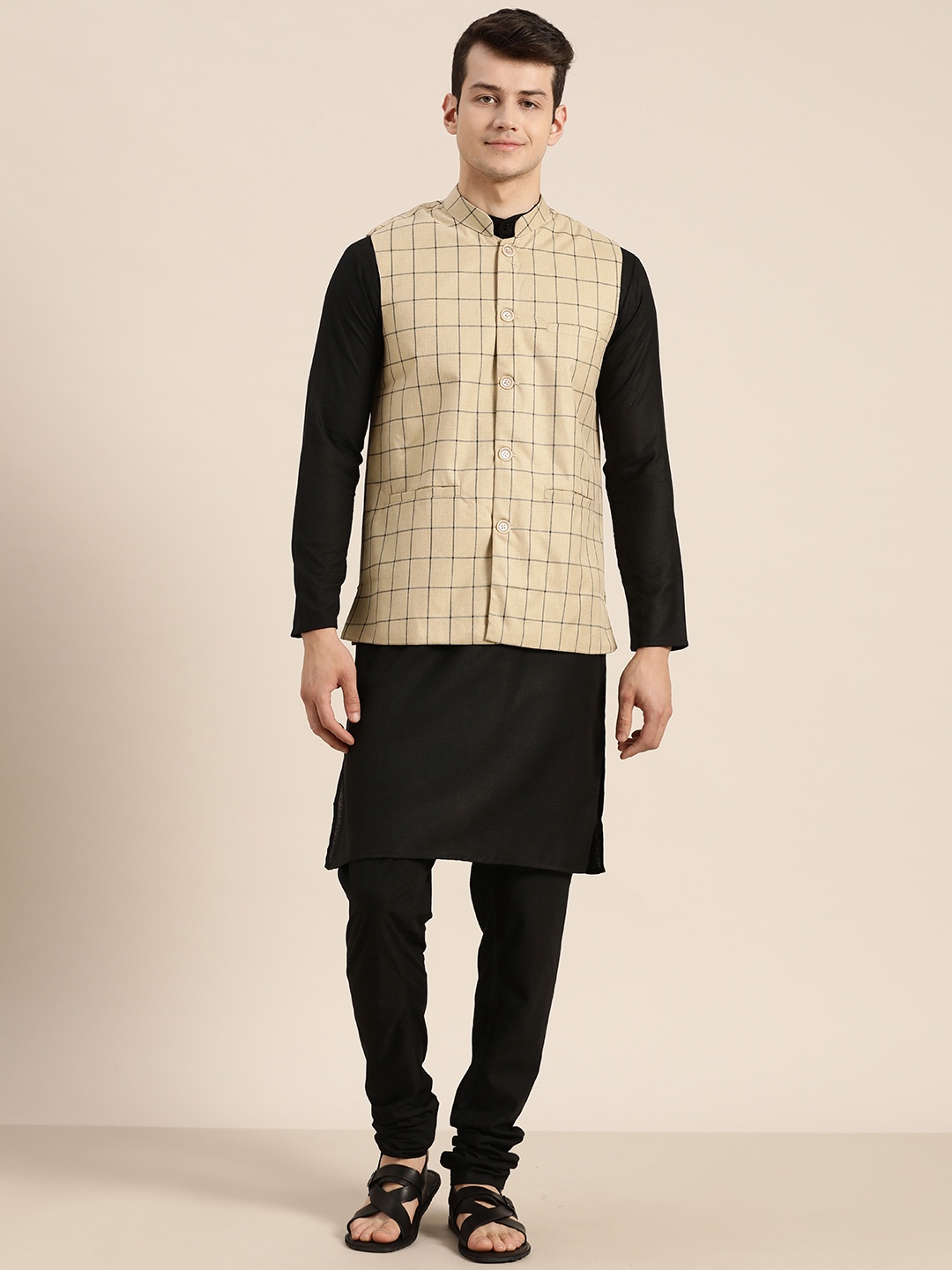 

SOJANYA Men Black & Beige Solid Kurta with Churidar & Nehru Jacket