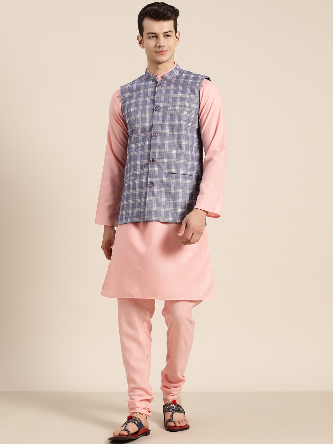 

SOJANYA Men Pink & Blue Solid Kurta with Churidar & Nehru Jacket