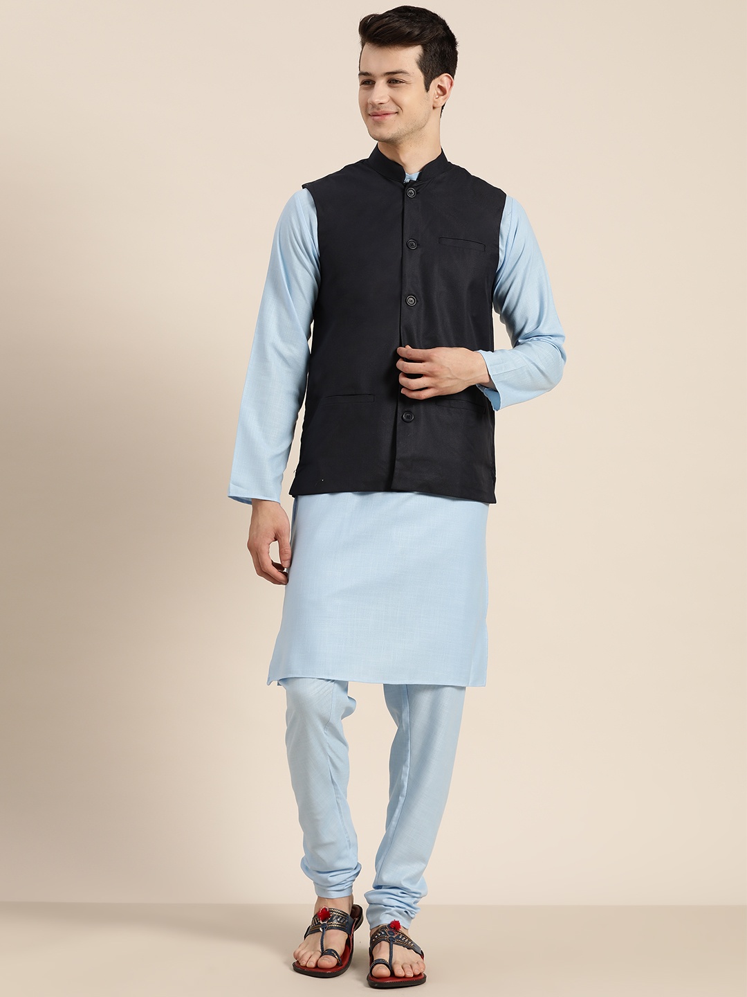 

SOJANYA Men Blue Solid Kurta with Churidar With Nehru Jacket