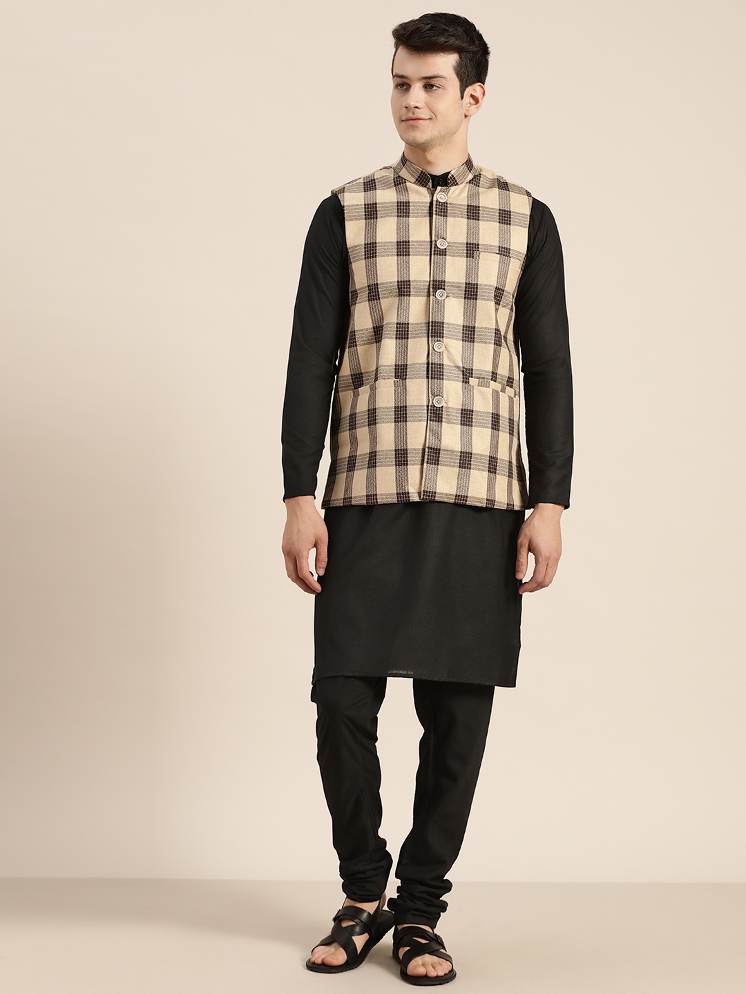 

SOJANYA Men Black Solid Kurta with Churidar & Nehru Jacket