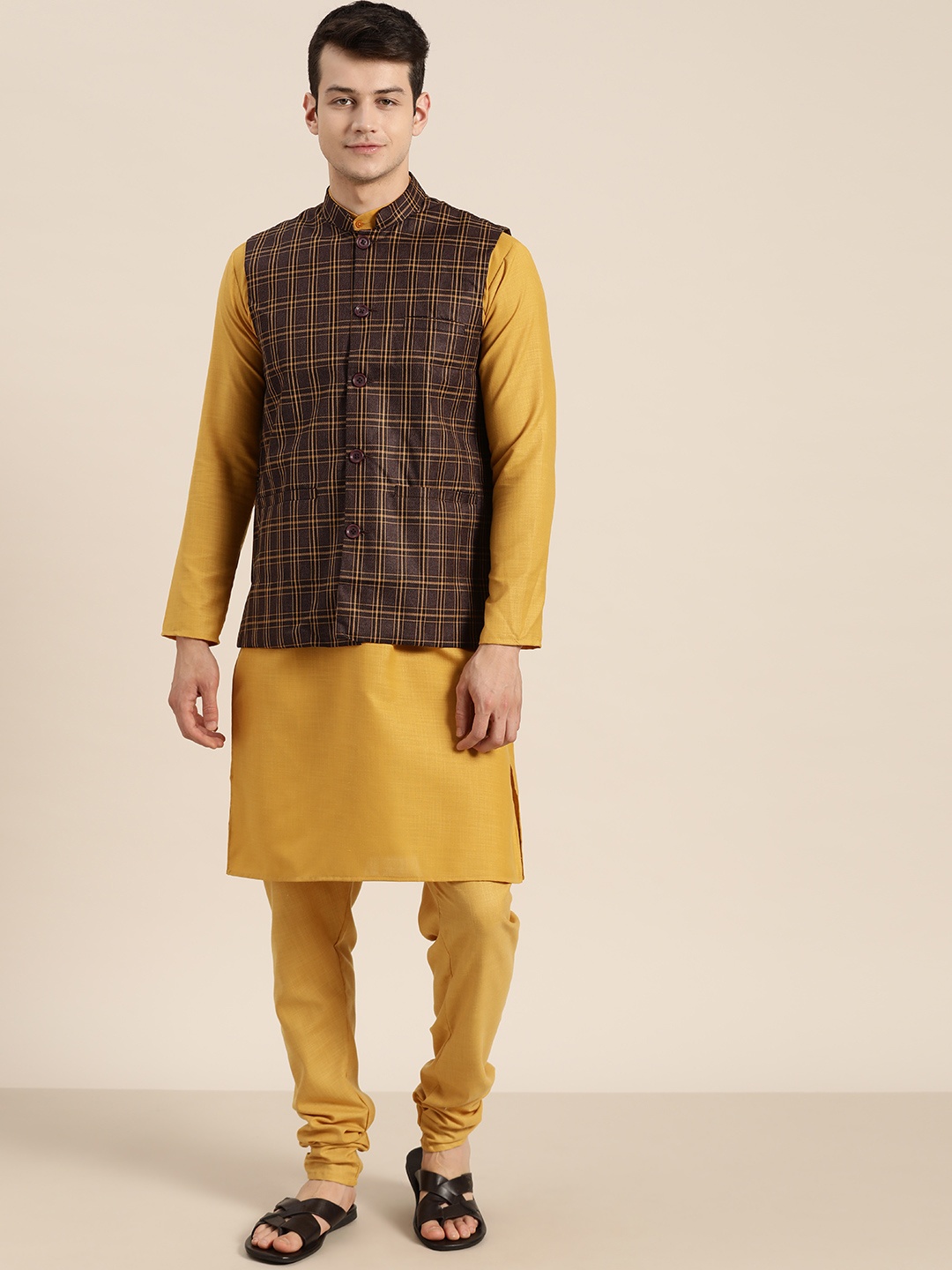 

SOJANYA Men Mustard Yellow & Coffee Brown Solid Kurta & Churidar with Nehru Jacket